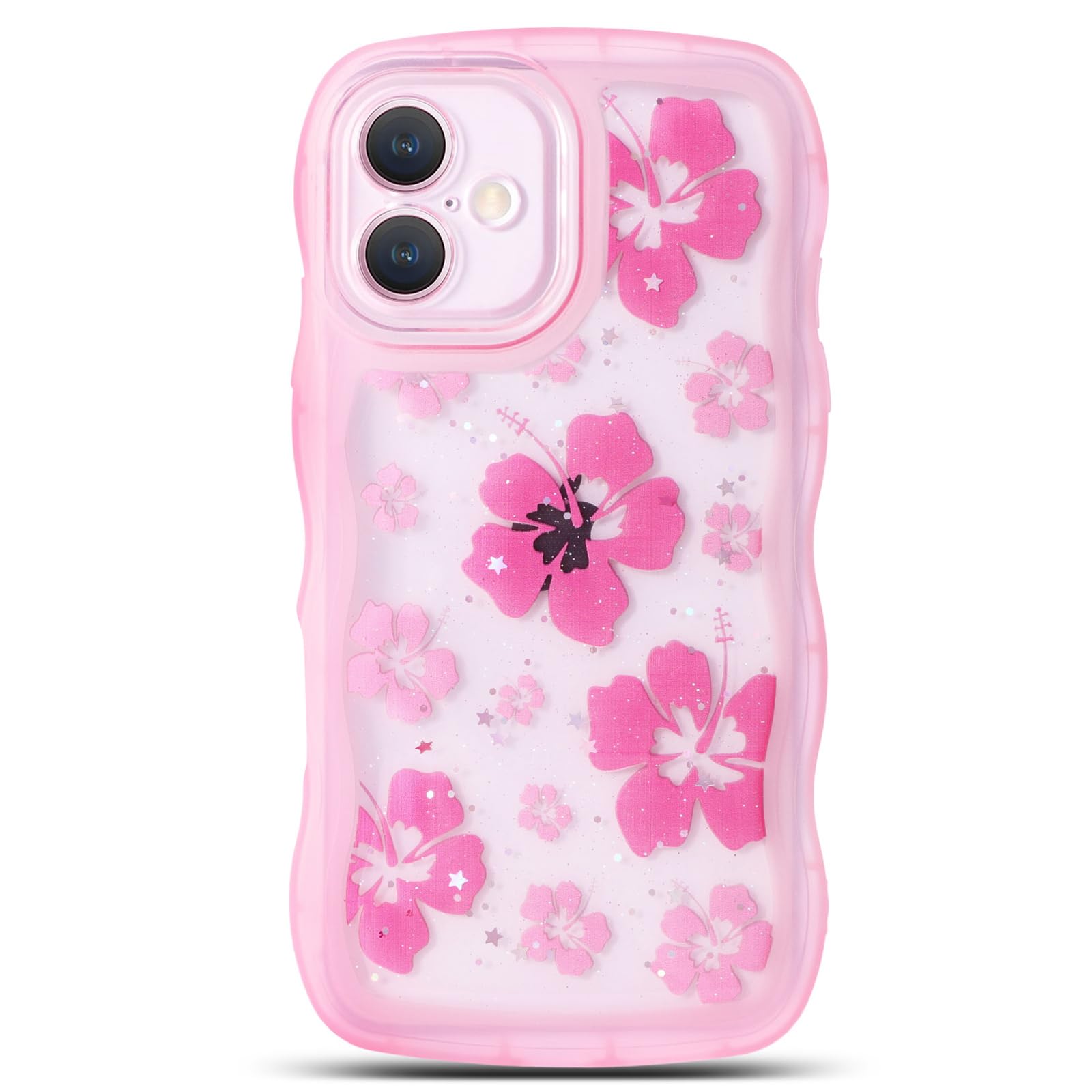 NITITOP Compatible with iPhone 16 Plus Case Cute Clear for Women Girls Flower Floral Bling Glitter Sparkling Star Wave Curly Frame Soft TPU Shockproof