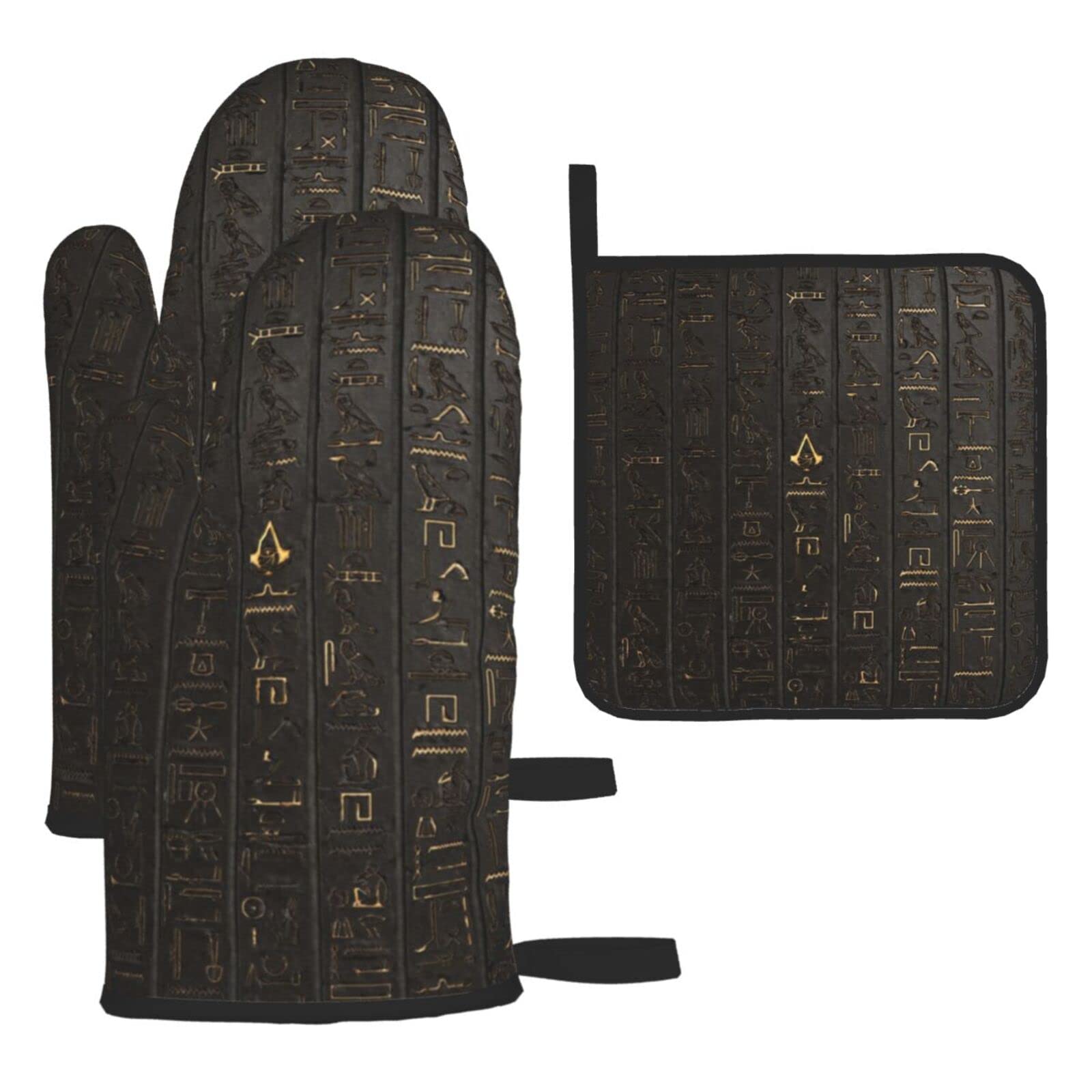 Ancient Egyptian Hieroglyph Printed Kitchen Baking Three-Piece Heat-Resistant Thick Cotton Oven Gloves for Cooking and Baking.