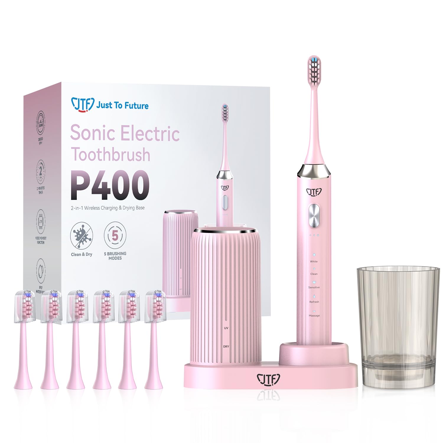 JTF Brosse à Dents Électrique Sonique avec Nettoyage et Séchage UV, 5 Modes de Nettoyage, 6 Têtes de Brosse de Rechange, Gobelet, Station de Charge Sans Fil pour La Maison et Les (Rose)