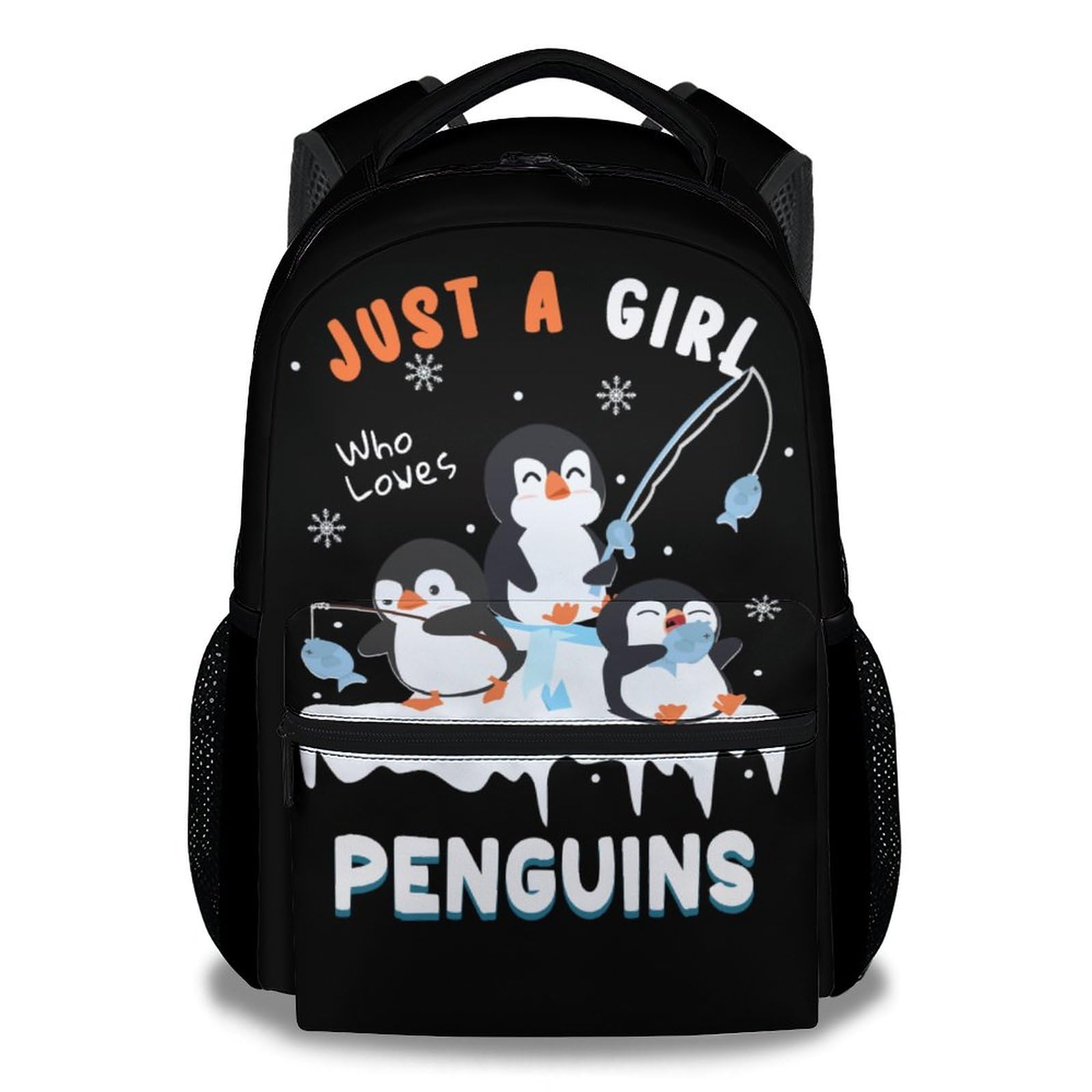 BEOIIBIRD Penguin Backpack for Girls, 16 Inch Black Backpacks for School, Cute Lightweight Bookbag for Kids
