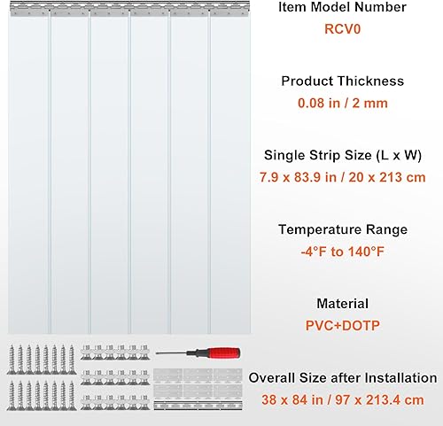Miniatura 47 de VEVOR Cortina de tiras de PVC transparente, 84 pulgadas de alto x 42 pulgadas de ancho, 0.08 pulgadas de grosor, 7 piezas, 50% de superposición
