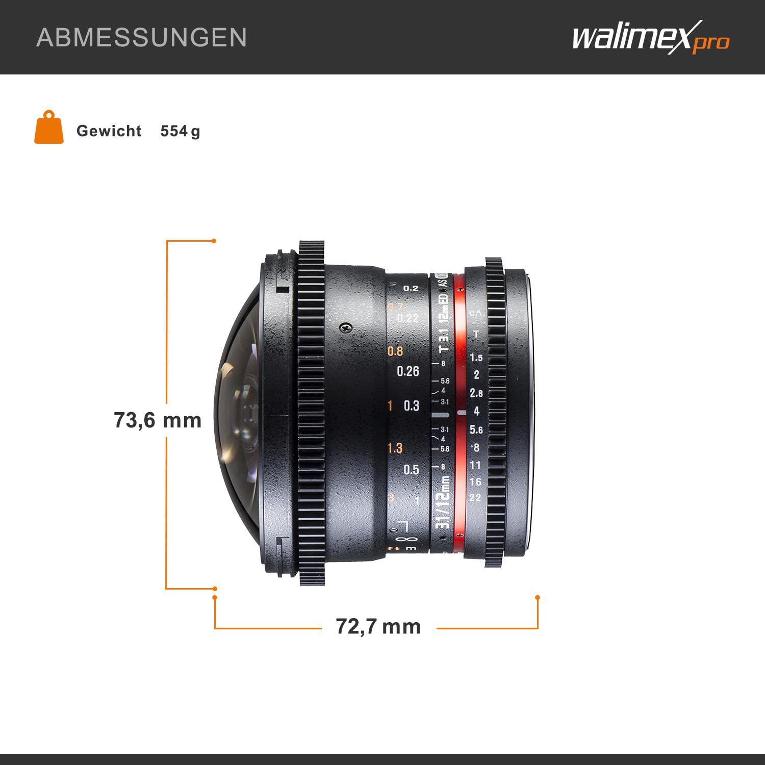 Walimex Pro 12 mm 1:3,1 Fish-Eye VCSC per obiettivo Canon EF baionetta nero (messa a fuoco manuale, per sensore di formato completo, regolazione dell'apertura continua, con paraluce rimovibile)