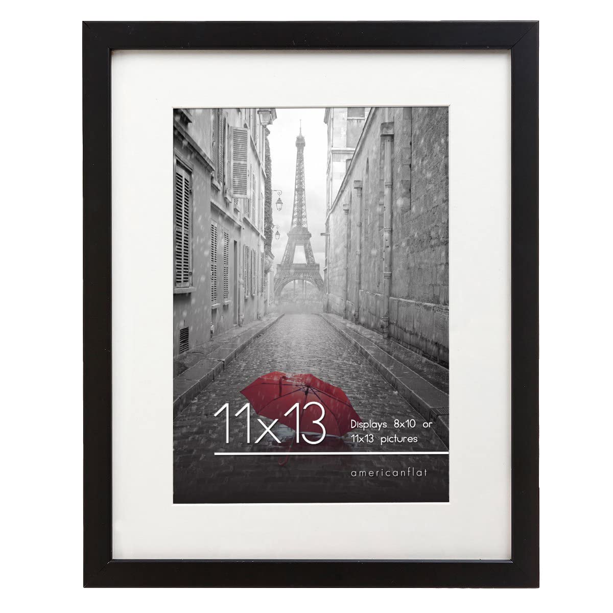 Americanflat 11x13 Picture Frame in Black - Displays 8x10 With Mat and 11x13 Without Mat - Composite Wood with Shatter Resistant Glass - Horizontal and Vertical Formats for Wall