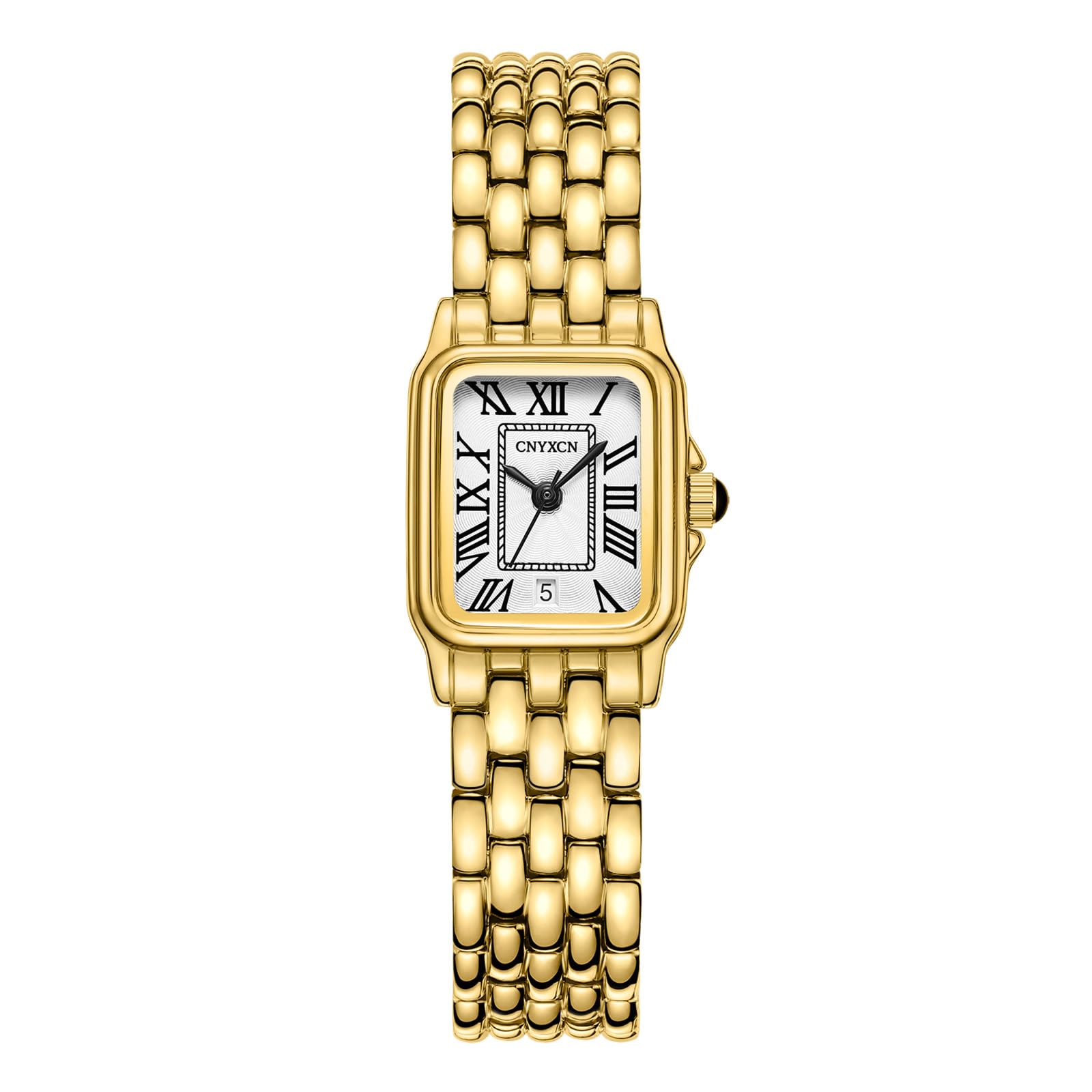 CNYXCN Relojes dorados para mujer con caja rectangular, esfera romana, pulsera vintage, fecha automática, resistente al agua, herramienta de ajuste incluida