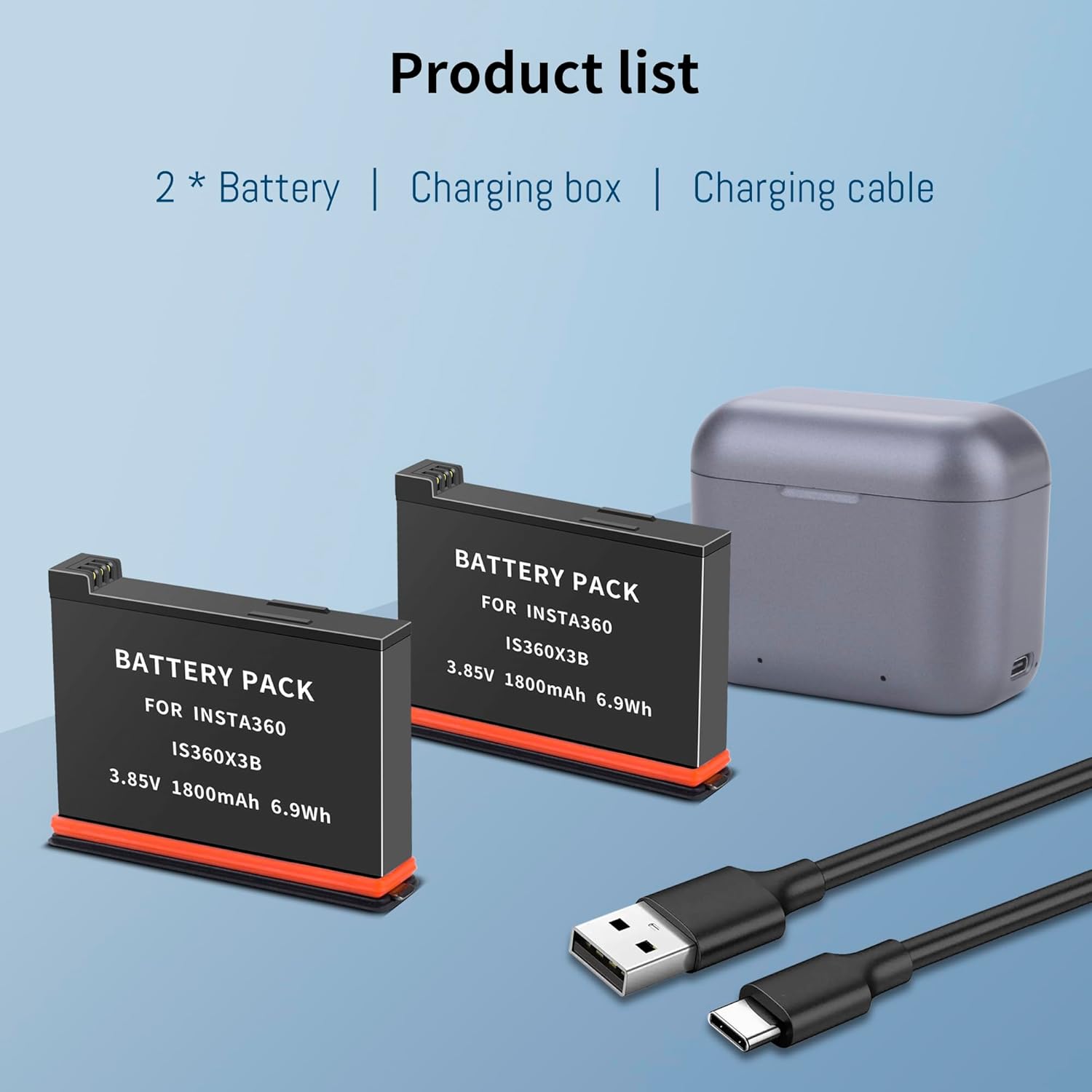 2 Pack for Insta360 X3 Battery, 5V 3A USB-C Dual-Slot Charging Box Compatible with Insta 360 ONE X3 IS360X3B Cameras Upgrade Battery Rechargeable Capacity 3.85V 1800mAh/6.9Wh