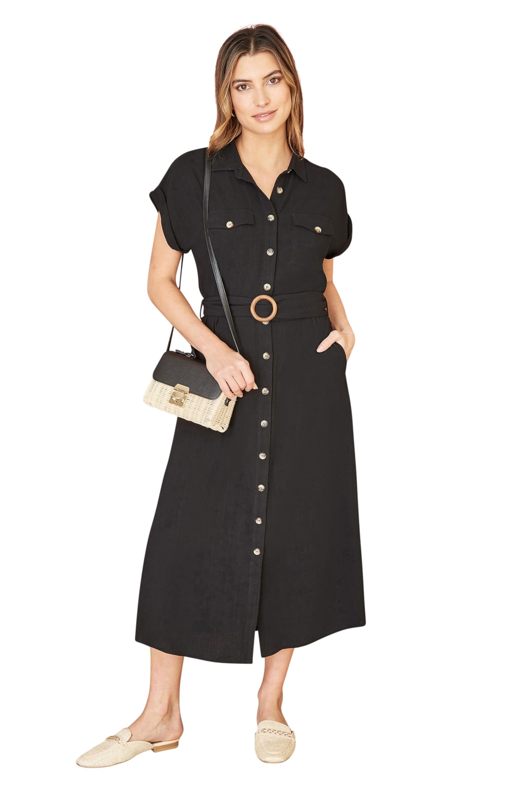 Yumi Women's Midi Shirt Dress - Black - Viscose/Linen - Size 10