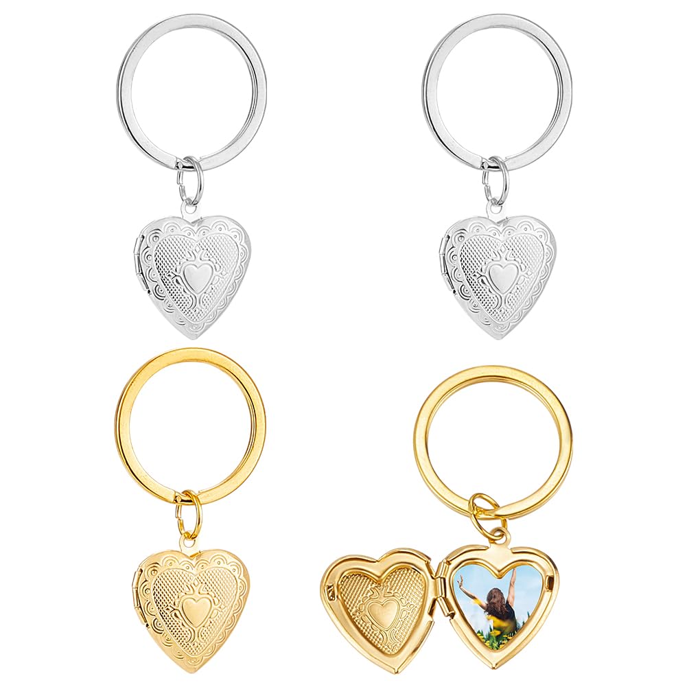 4 Pack Heart Locket Keychain, Craved Heart Photo Lockets Key Chains for Women Gold Silver Hearts Locket Keychain that Holds Pictures Photo Frame Charm Lockets Pendants for DIY Crafts