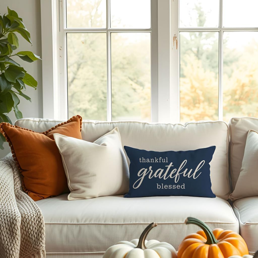 PANDICORN Decorative Throw Pillow Covers 12x20 Inch, Grateful Thankful Blessed Navy Blue Outdoor Coastal Thanksgiving Lumbar Cushion Case Decorations Home Decor for Bedroom Living Room Sofa Couch - Image 3