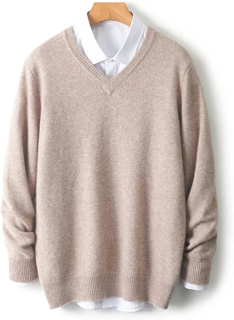 Men's V-Neck Cashmere Sweater Thick Solid Pullovers Loose Knit Basic Shirt Business Casual Jacket Tops