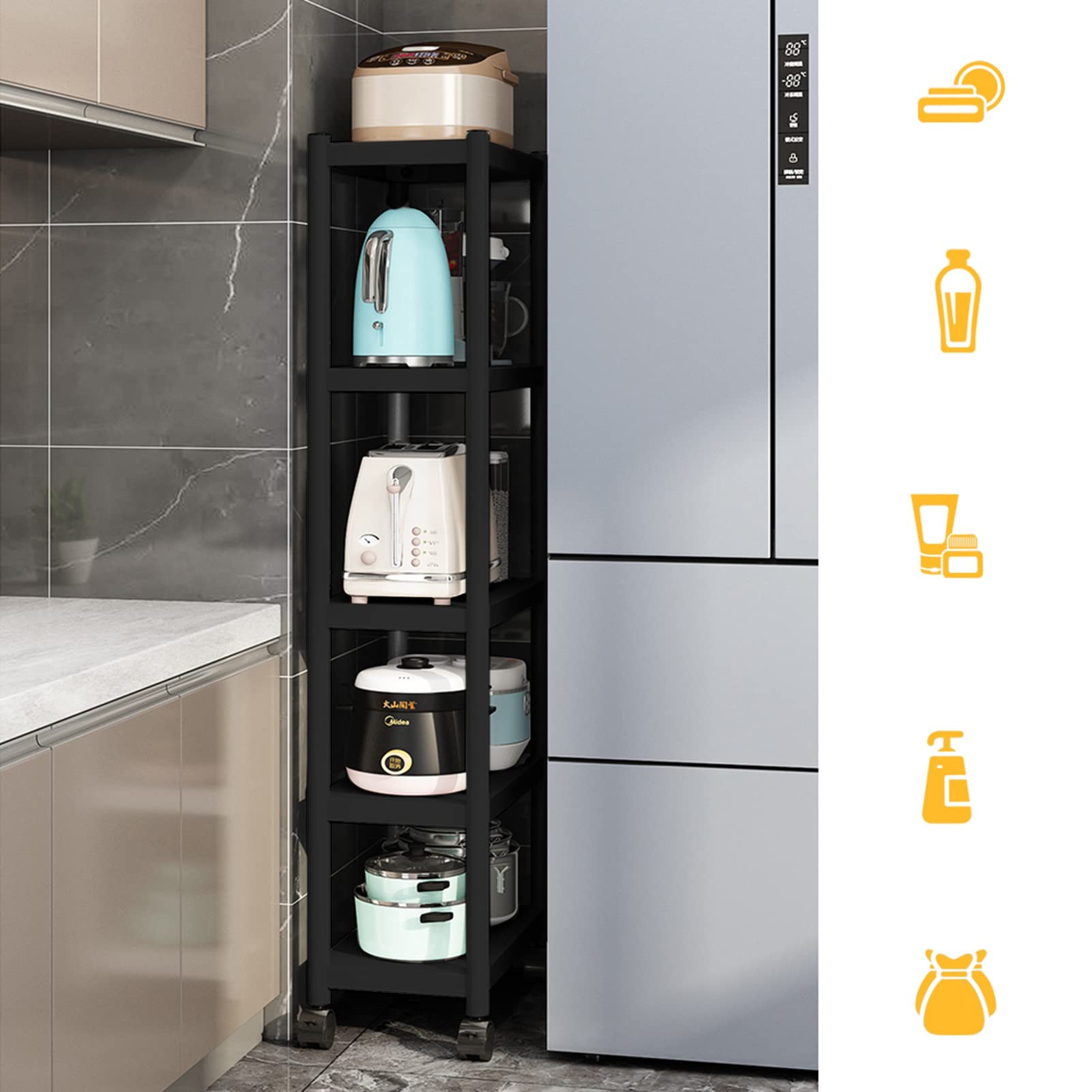 Scaffale da cucina largo 22 cm con ruote, carrello portaoggetti da bagno alto e sottile, scaffali in metallo per spazi stretti (Colore : Nero)