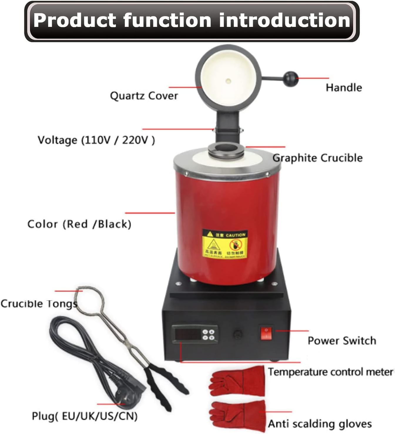 Kit Forno per Fusione dell'Oro, Macchine per Colata Digitale di Metalli da 1500 W 2102 ℃, Forno per la Fusione dell'Oro con 3 Tipi di Crogiolo di Grafite e Guanti, per Metalli Preziosi Gioielli in O