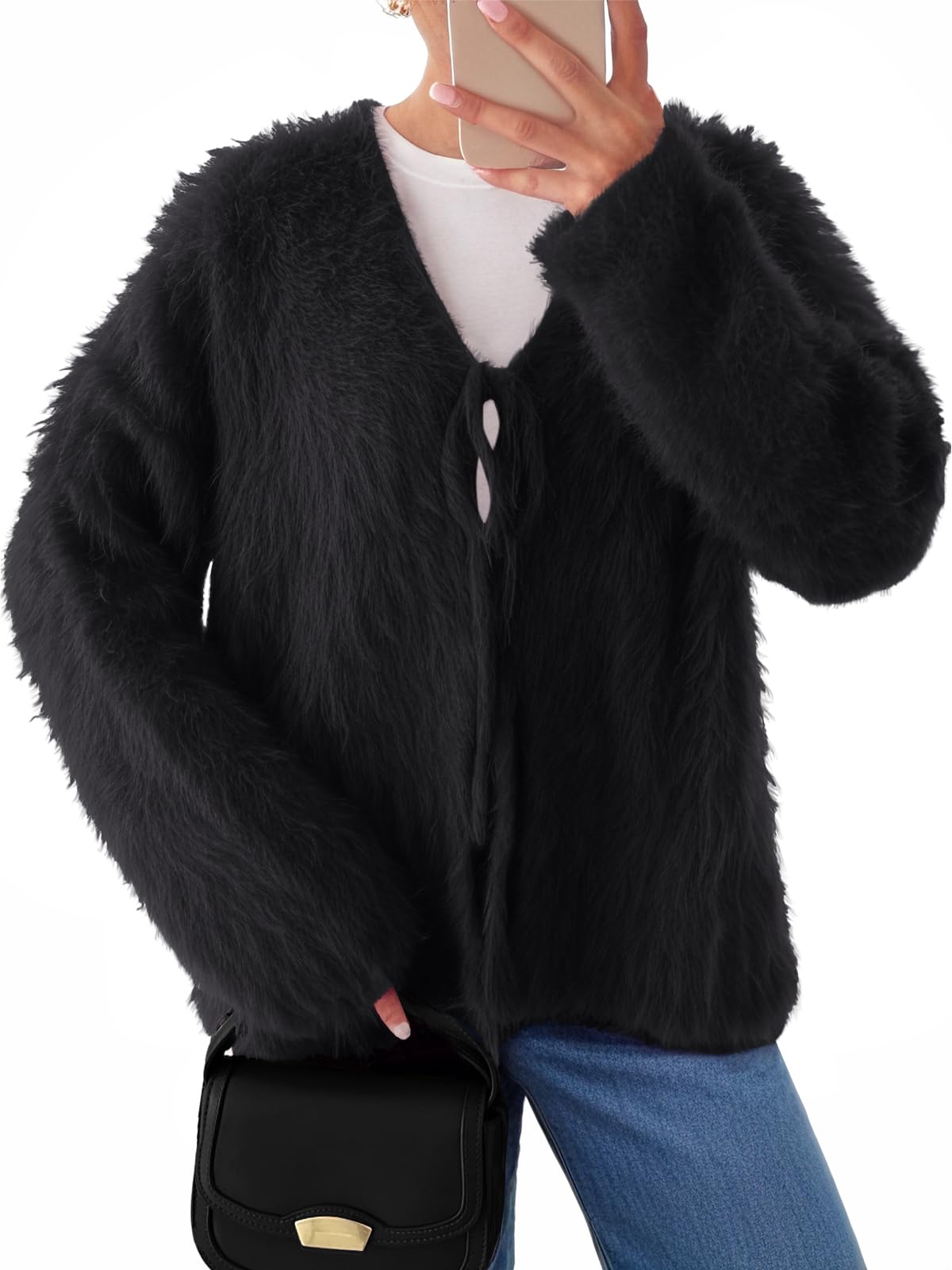 LILLUSORY Women Chunky Cardigan Sweater Fall Oversized Cozy Bow Tie Front Outfit V Neck Trendy Fashion Fuzzy Clothes
