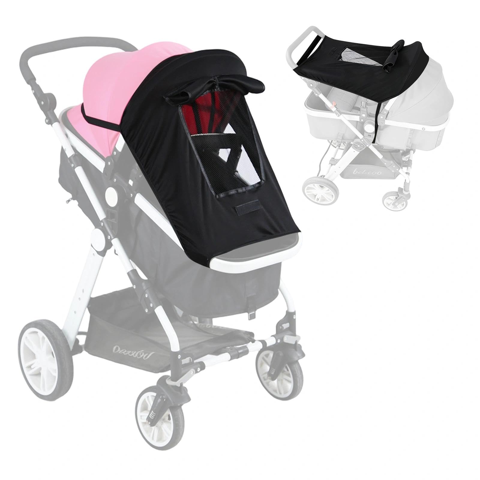 DAVBNM Extra Pram and Stroller Sun Shade Cover Block with Viewing Window, Sunshade for Pram Seat Baby Sleep Aid and Breathable Blackout Canopy for Stroller, Pushchair and Buggy (Black)