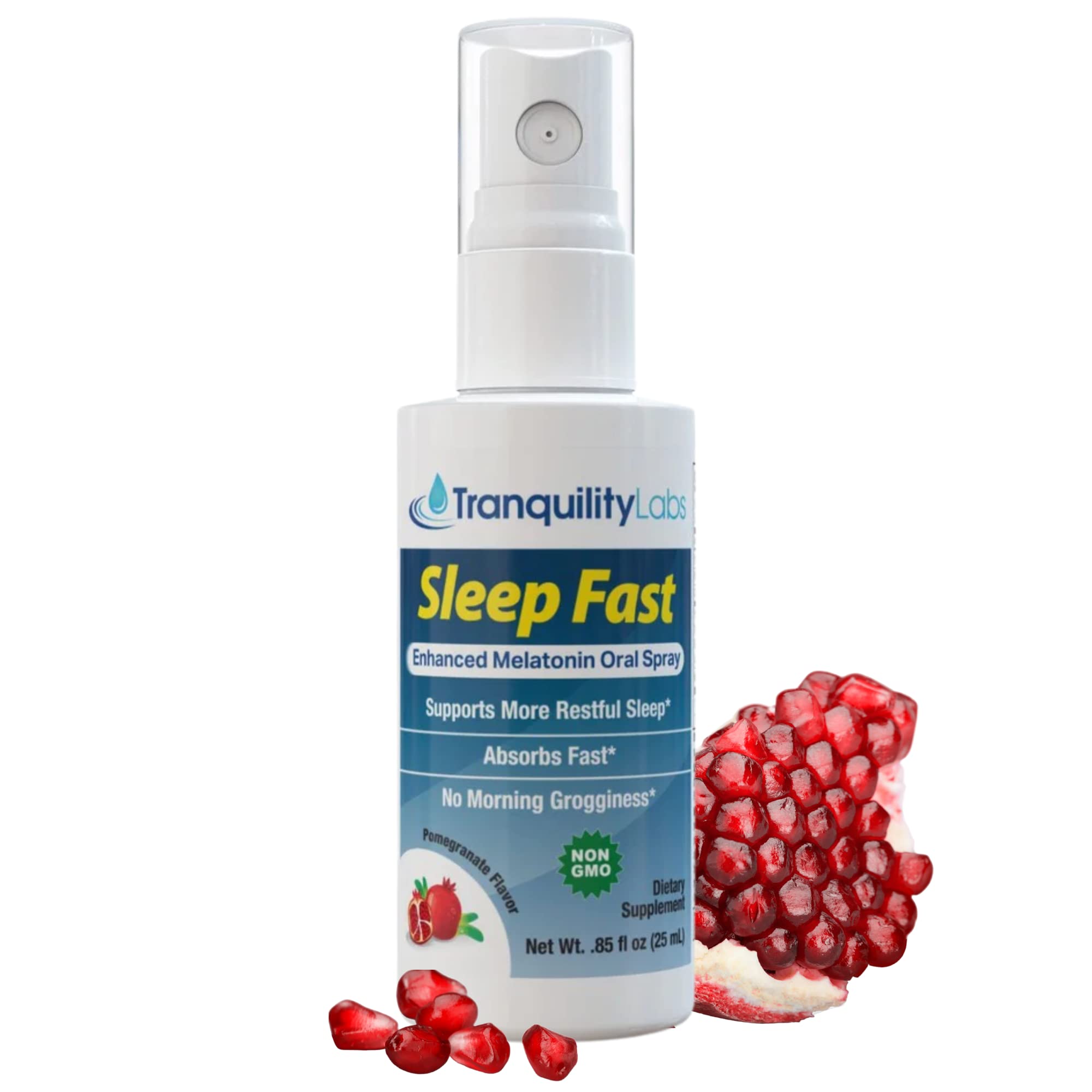 Sleep Fast - Oral Melatonin Spray for Sleep - 32 Doses - Enhanced with Valerian Root, Lemon Balm, Chamomile, B6 Calming Blend, Pomegranate Flavor (25ml) by Tranquility Labs