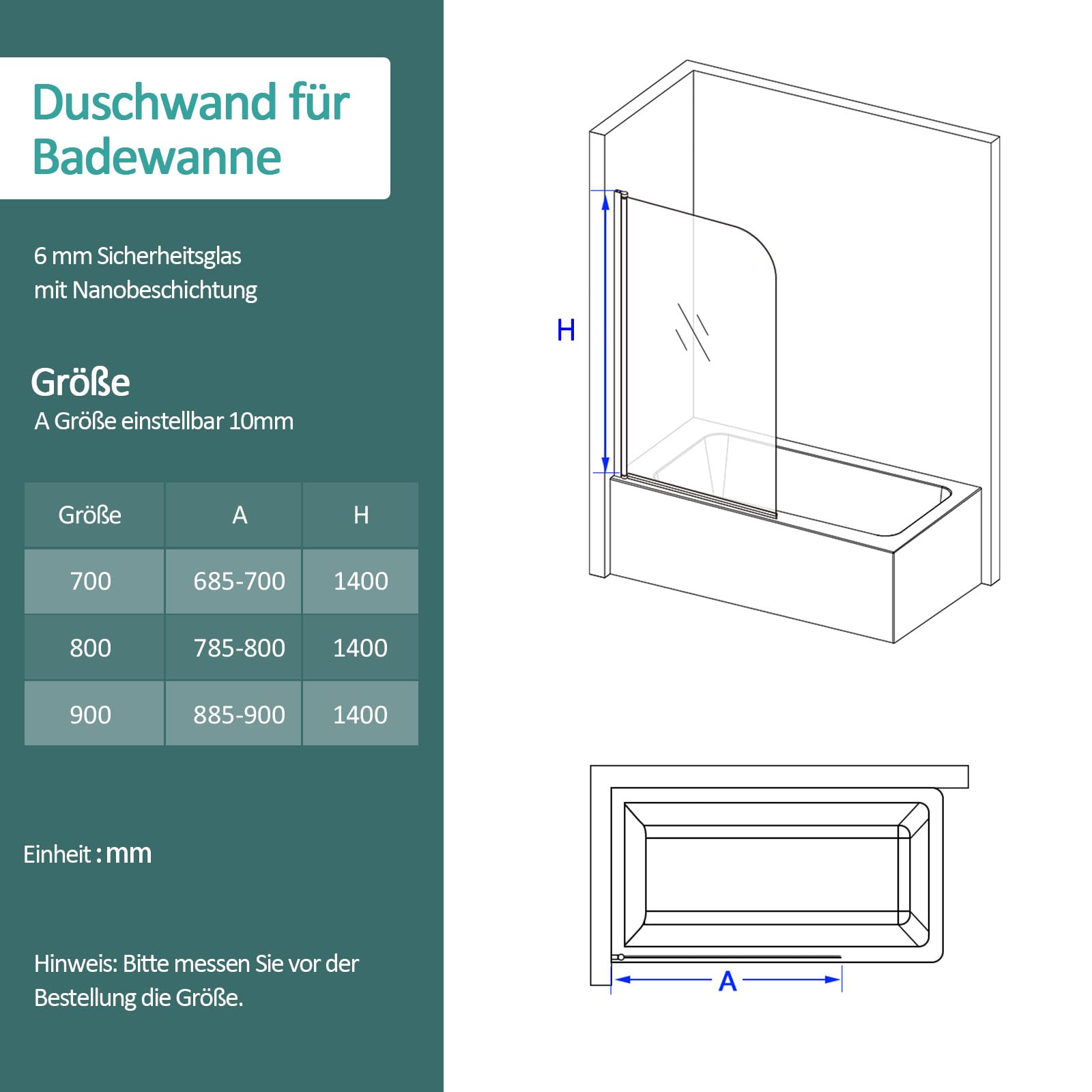 EMKE Pannello doccia per vasca da bagno, 70 x 140 cm, divisorio doccia per vasca da bagno e doccia, vasca da bagno in vetro di sicurezza da 6 mm