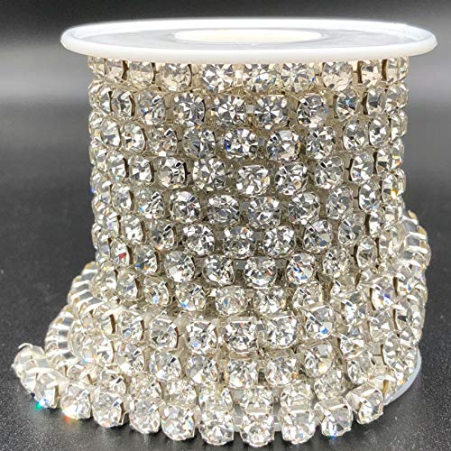 Towenm 1 Roll 5 Yards Large Crystal Rhinestones Close Chain, 5Mm Rhinestone Chain, Ss24, Sew On Crystal Rhinstone Chain Trim, Crystal Claw Cup Chain Roll (Silver Base + Crystal Clear, Ss24 / 5.0Mm) #TOP1