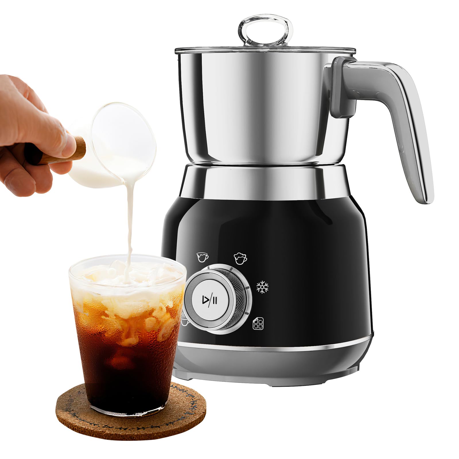 Elektryczny spieniacz do mleka i parowiec, regulacja temperatury, do latte | regulowana regulacja temperatury 45-65 ℃. Zdejmowany dzbanek ze stali nierdzewnej, który można myć w zmywarce(black)