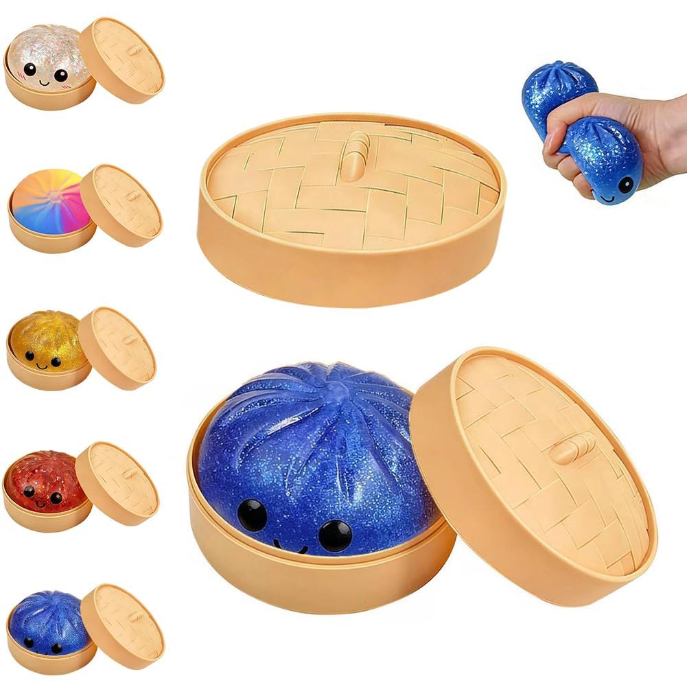Bambebe Glitter Dumpling Squishies with Steamer Box - 1Pack Colourful Stress Balls Fidget Sensory Toys, 2026 New Bun Squeeze for Stress Relief, Easter Basket Stuffers (Blue)