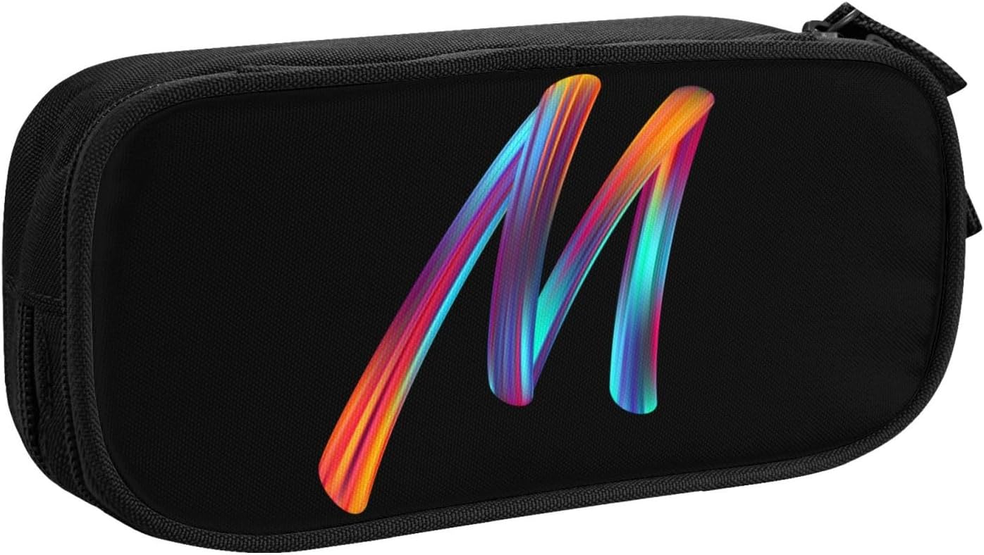 Cute Initial Pencil Case for Kids Students, Large Capacity Pencil Pouch for Boys Girls, Letter Design Pencil Box Pen Bag Office Stationery Organizer, Rainbow Letter M