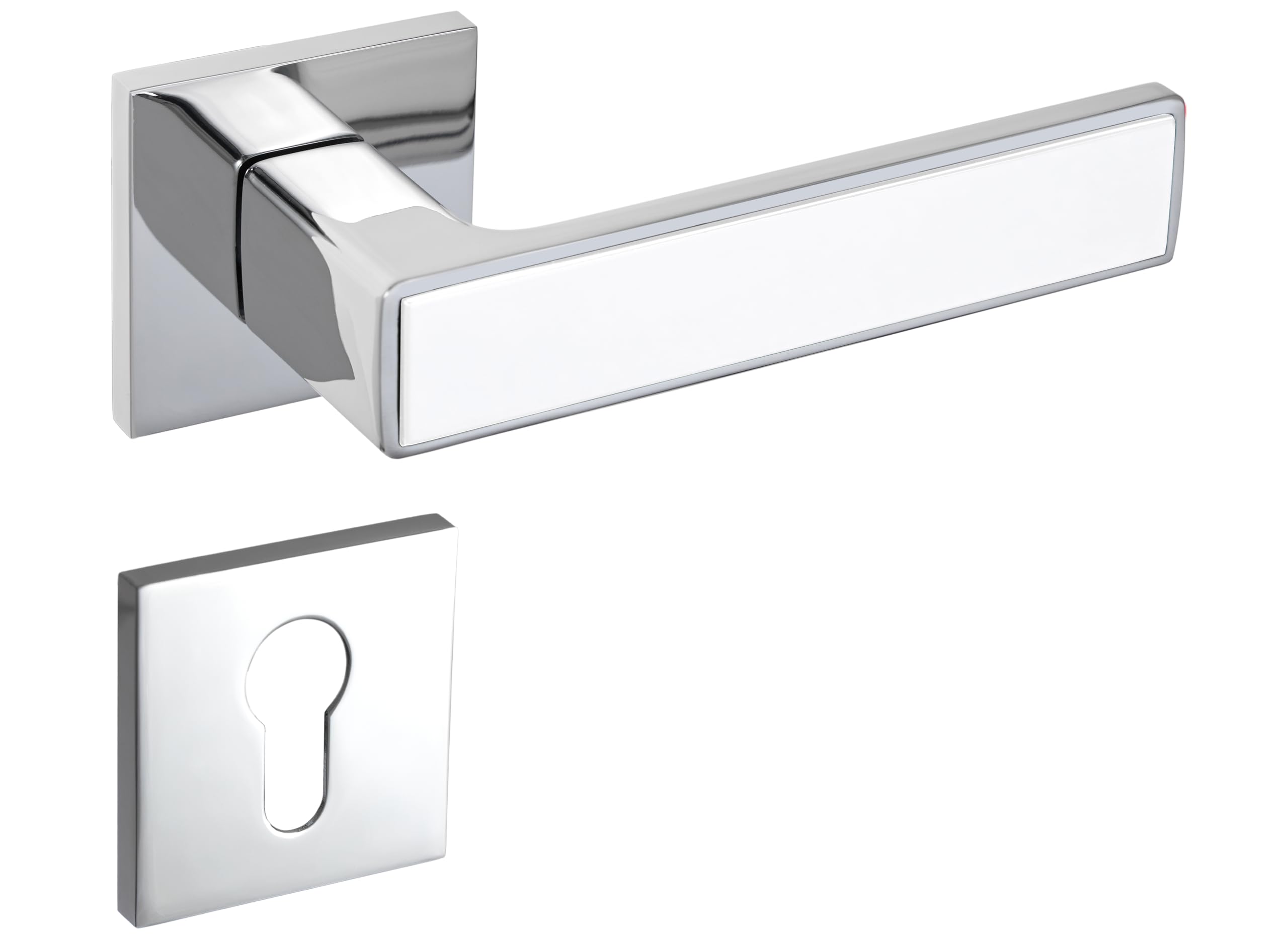 Gavroche Türgriffe Set PZ Profilzylinder | Türklinken für Innentüren in Silber Chrom und Weiß | Drückergarnitur für Zimmertür mit eckiger Rosettengarnitur aus Zink | Türbeschlag in L-Form