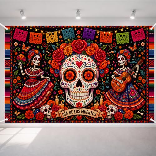 Image of Dia de los Muertos Decorations - Day of The Dead Sugar Skull Backdrop | Mexican Fiesta Photography Background Banner | Skeleton Marigold Papel Picado Decor for Day of the Dead Party Indoor Outdoor