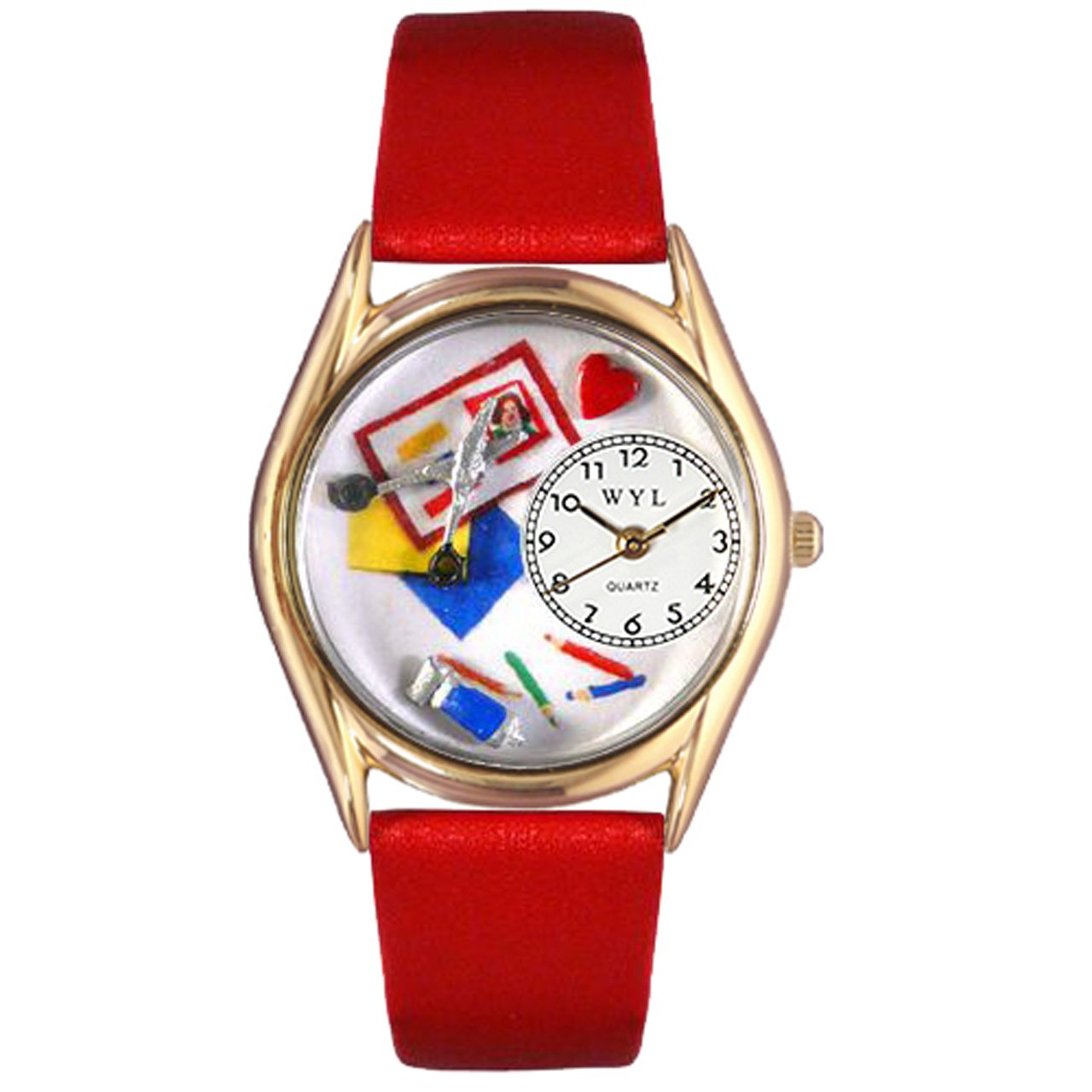 Whimsical Watches Scrapbook Red Leather and Goldtone Unisex Quartz Watch with White Dial Analogue Display and Multicolour Leather Strap C-0410002