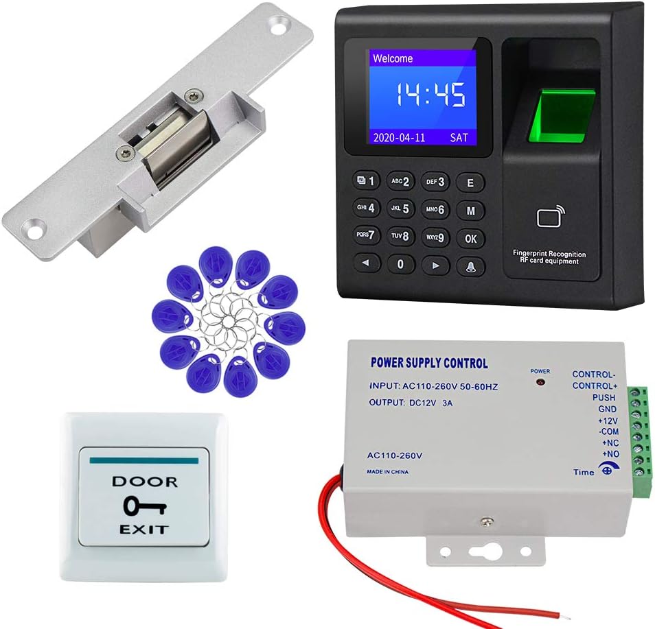 HFeng RFID Door Access Control System Electric Strike Lock Biometric Fingerprint Keypad Access Controller+ 12V 3a Power Supply+ 10pcs EM4100 Key Tags Fail Safe Proximity Keyfob Kit
