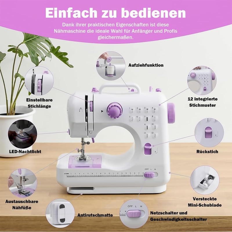 Portable Nähmaschine mit Anschiebetisch für Anfänger Tragbare Elektrische Nähmaschine mit LED-Licht und Nähzubehör für Kleidung, Kissenbezüge, Bettlaken,Vorhängen