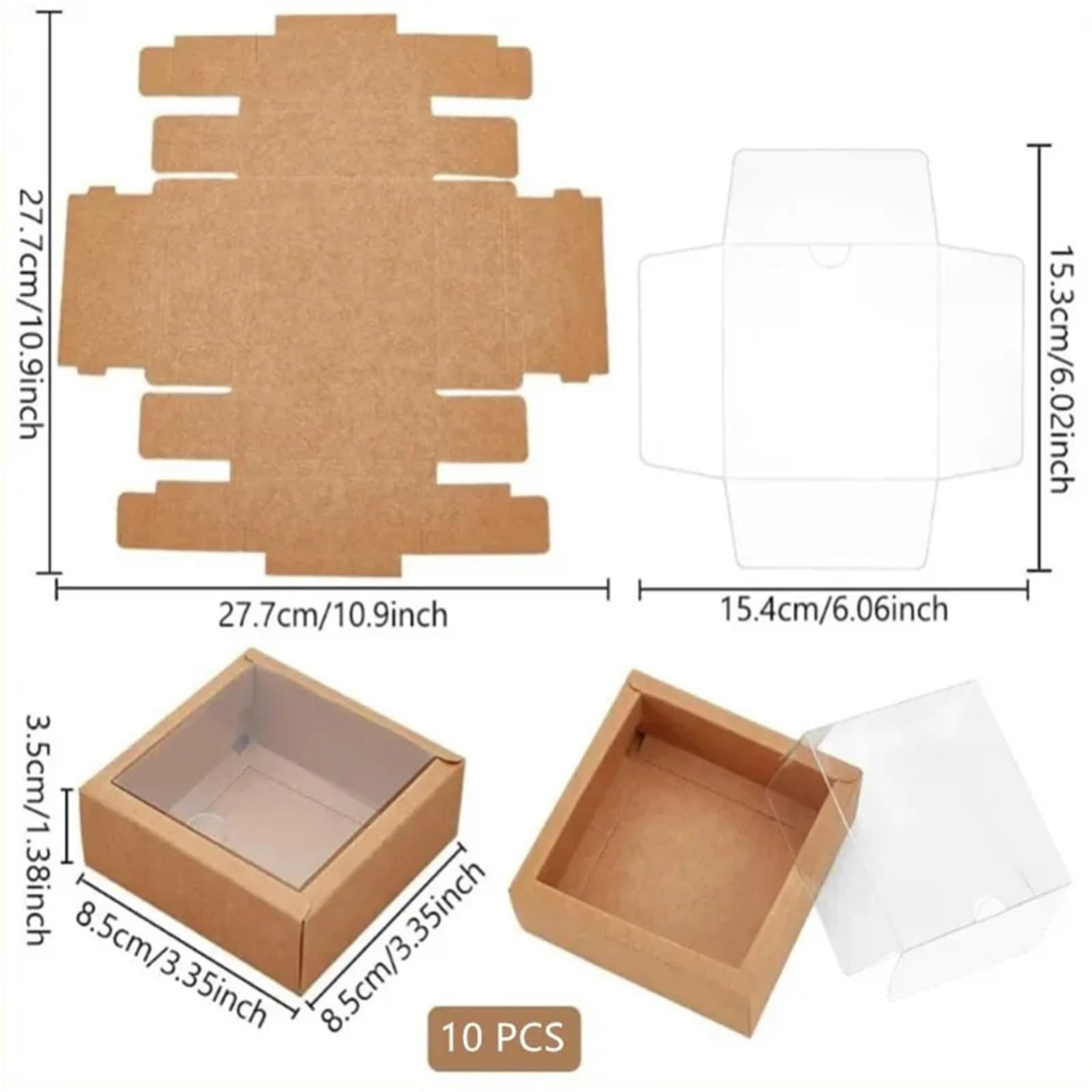Kraftpapier Box Mit Fenster 10 Stück Kraft-Geschenkbox mit Fenster | For Kekse, Süßigkeitenkuchen(Clear01,8.5x8.5x3.5cm)
