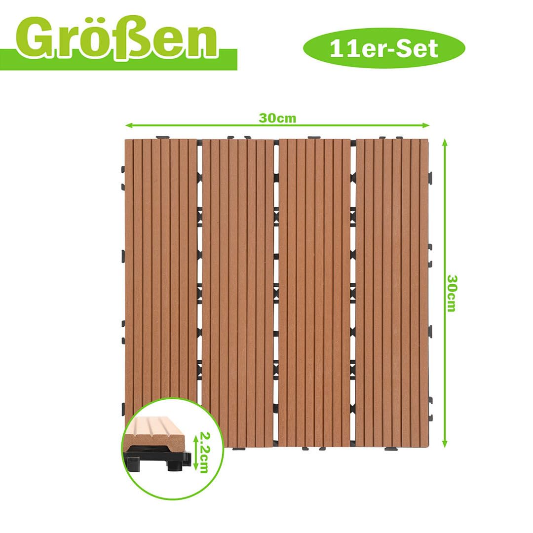 Gimisgu WPC - Piastrelle per terrazze, effetto legno, per balconi, terrazze, piastrelle a clic, in plastica, con drenaggio, per balcone e giardino, set da 55 pezzi, per 5 m², colore: marrone