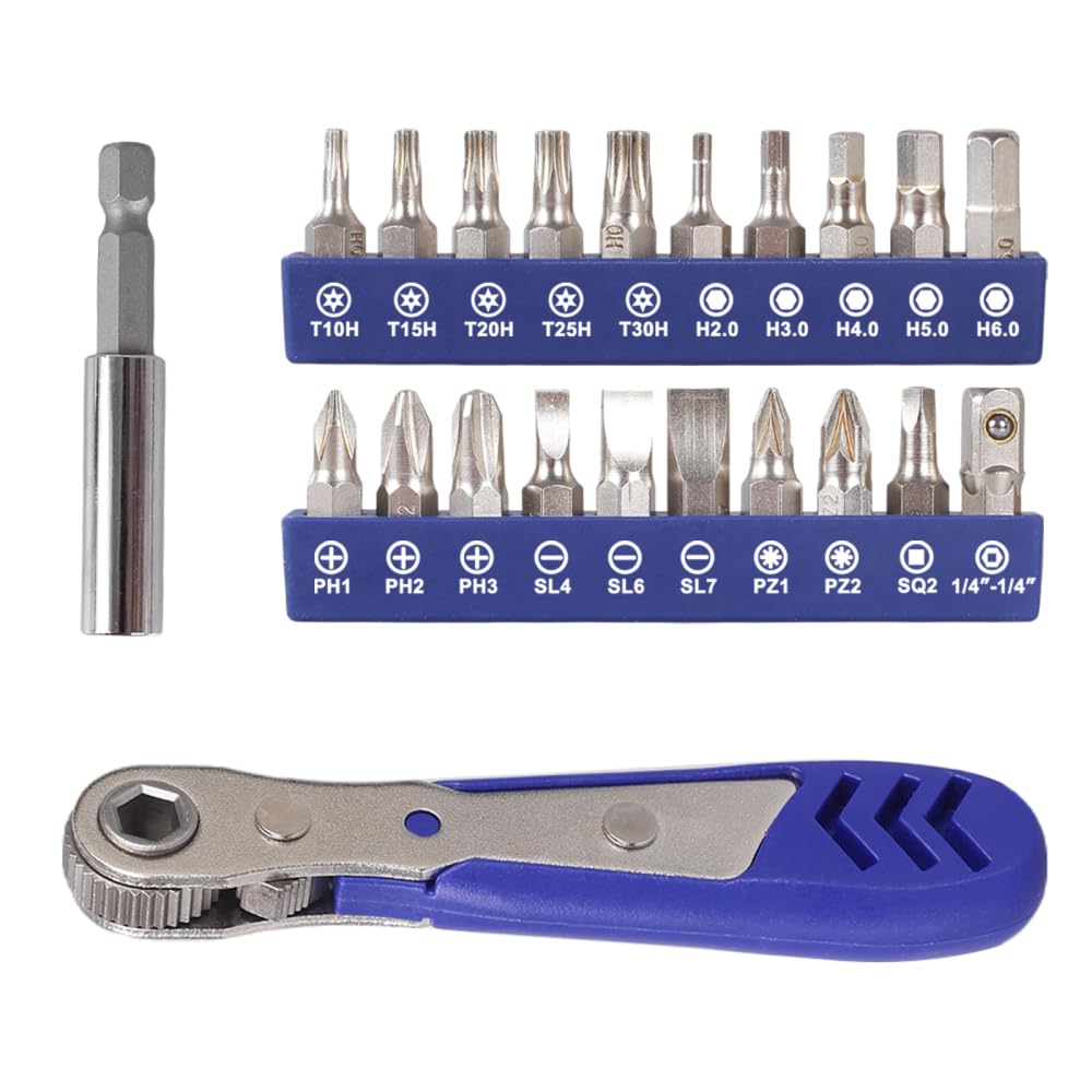 Dongker Right Angle Magnetic Screwdriver, Mini Ratchet Wrench With 20 Screwdriver Bits Set For Tight Spaces, Bike