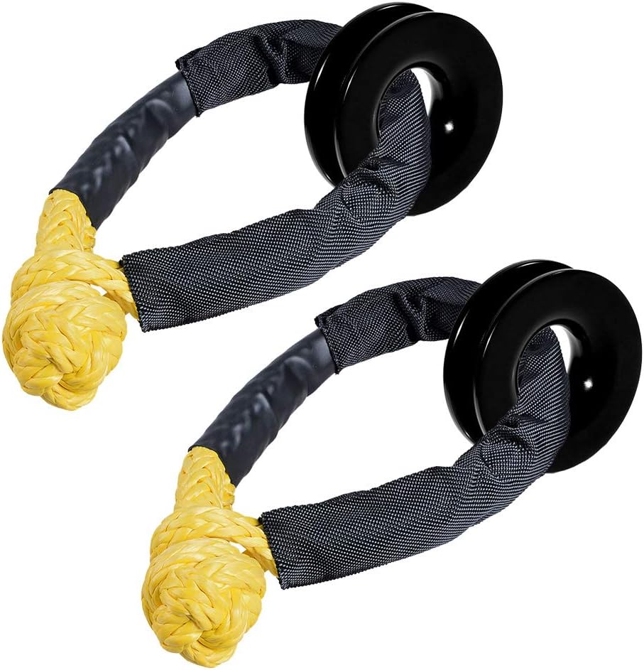 Astra Depot USA AstraDepot 2 Sets Yellow 12 UHMWPE Synthetic Soft Shackles + Black Recovery Snatch Ring for ATV UTV SUV OffRoad Towing Truck 4X4 Boat Marine Ramsey KFI Shackle 2X Rings