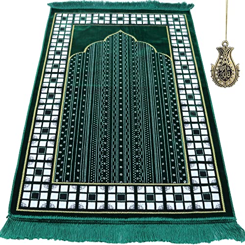 Modefa-Turkish-Islamic-Prayer-Rug-Thin-Lightweight-Velvet-Praying-Carpet-Soft-Muslim-Praying-Mat-Janamaz-Ramadan-or-Eid-Gift-for-Men-Women-with-Car-Hanger-Vined-Arch-Green