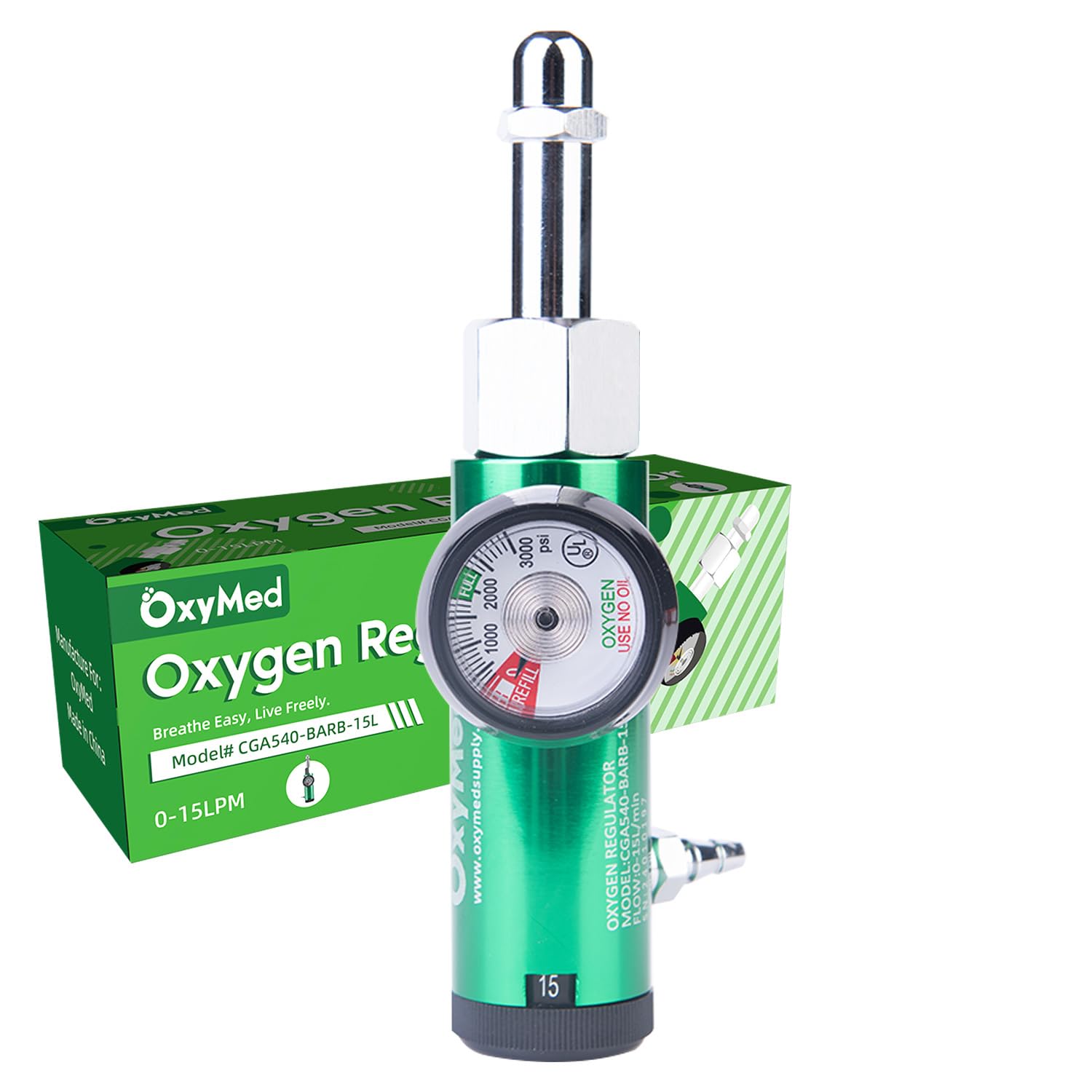 O2 Mini Oxygen Regulator CGA-540 Barb Gauge Adjustable Flow Rate 0-15LPM for Oxygen Tank (CGA 540 Barb)