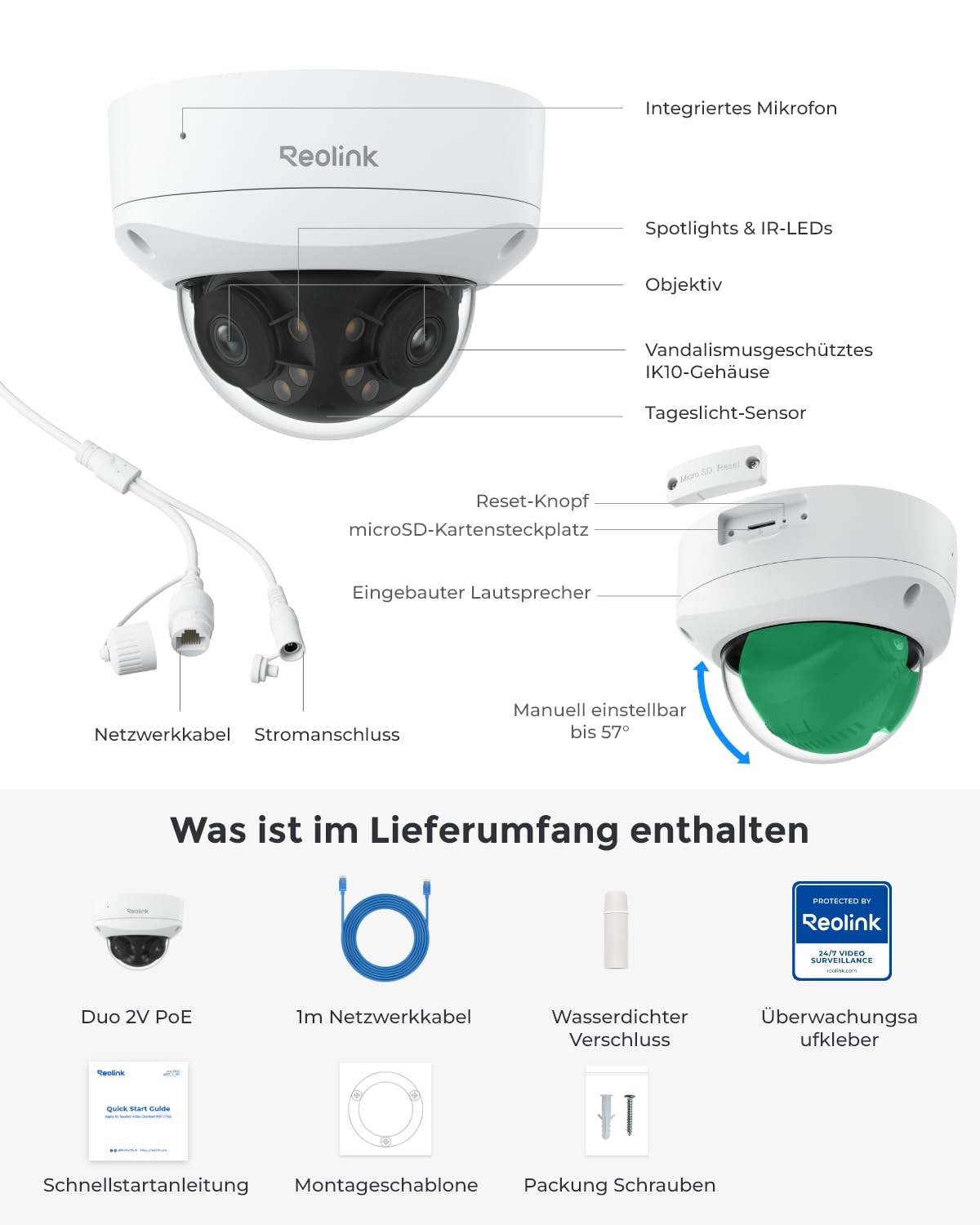 Reolink 4K 180° Dual-Lens PoE IP-Kamera, IK10 Vandalismusschutz,Duo 2V PoE | PoE Überwachungskamera aussen mit Personen-/Fahrzeug-/Tiererkennung, IR-und Farb-Nachtsicht, Zwei-Wege-Audio, IP67 Wetterfest