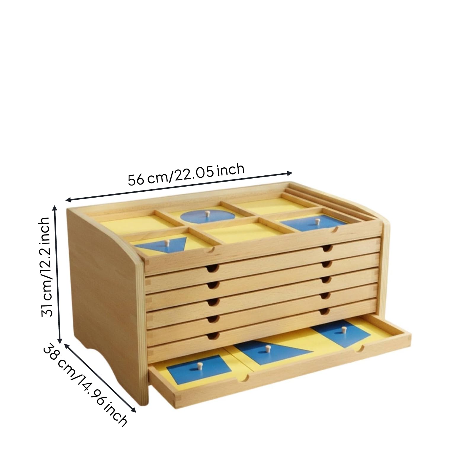 Geometrico Cassettiera Didattica Armadietto Educativo Mobile Educativo in Legno con Pannelli Gialli E Forme Rimovibili Adatto per Bambini Scuola Homeschooling Aula