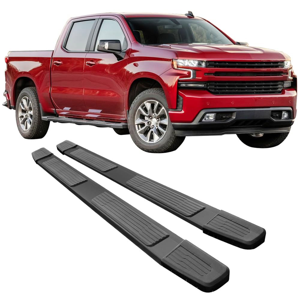 IKON MOTORSPORTS, Side Step Nerf Bar Compatible with 2019-2024 Chevrolet Silverado GMC Sierra 1500 Crew Cab, Factory S6 Style Black Running Board 2PC Set