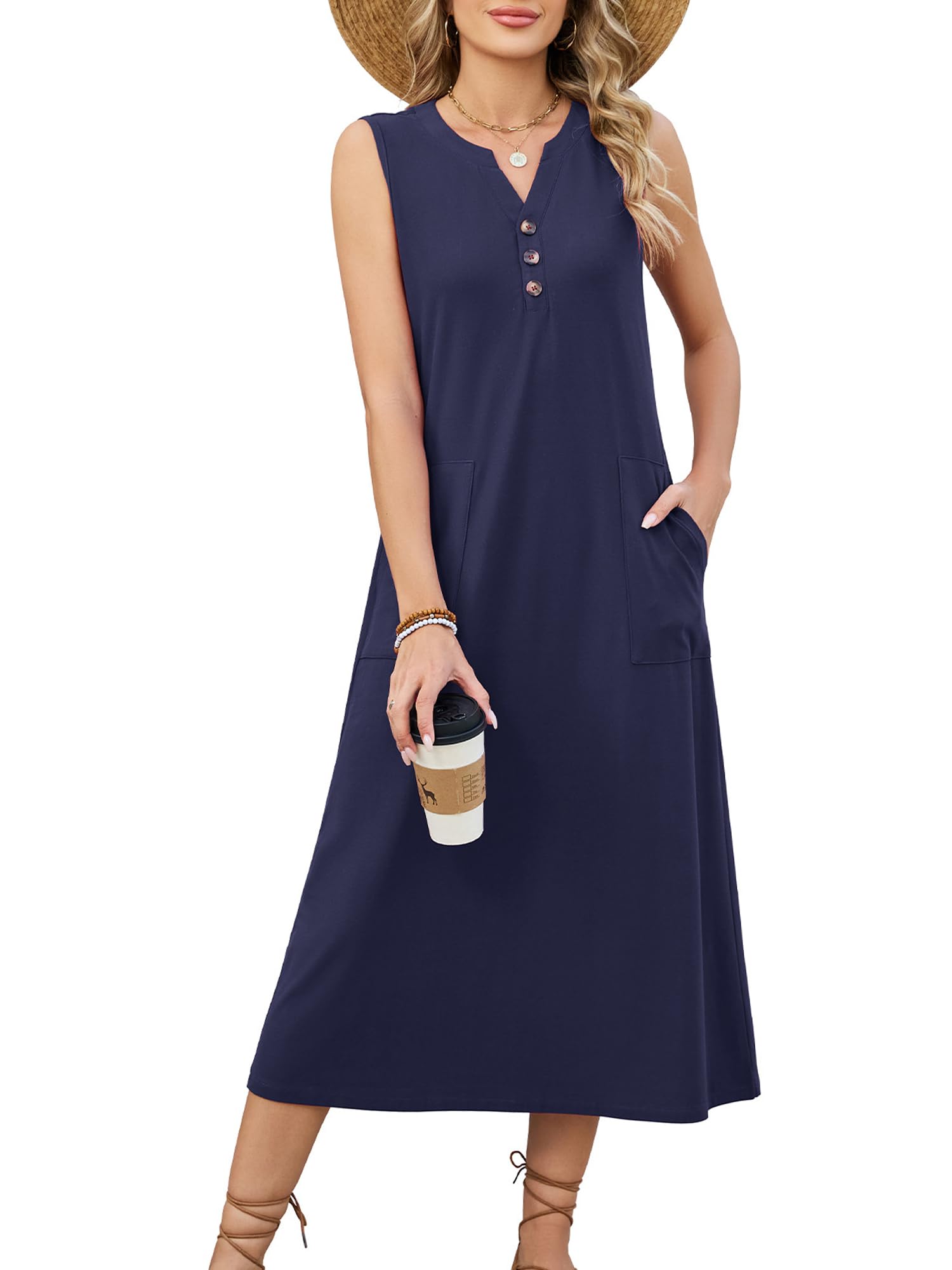 StylSense Sommerkleid Damen Lang Ärmellos Midikleid V Ausschnitt Elegant Blumenkleid Casual Strandkleid mit Taschen