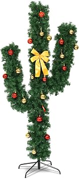 DREAMADE 6ft Pre-Lit Cactus Pine Artificial Christmas Tree, Pre-Strung Warm White 120 LED Lights, Ball Ornaments, Bowknot, Faux Seasonal Indoor Decoration, Green