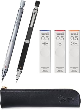 KURU TOGA Roulette Model 0.5mm Silver & Gun-metallic body + HB/B/2B Refills, original Black slim pen case