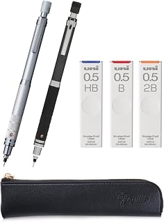 KURU TOGA Roulette Model 0.5mm Silver & Gun-metallic body + HB/B/2B Refills, original Black slim pen case