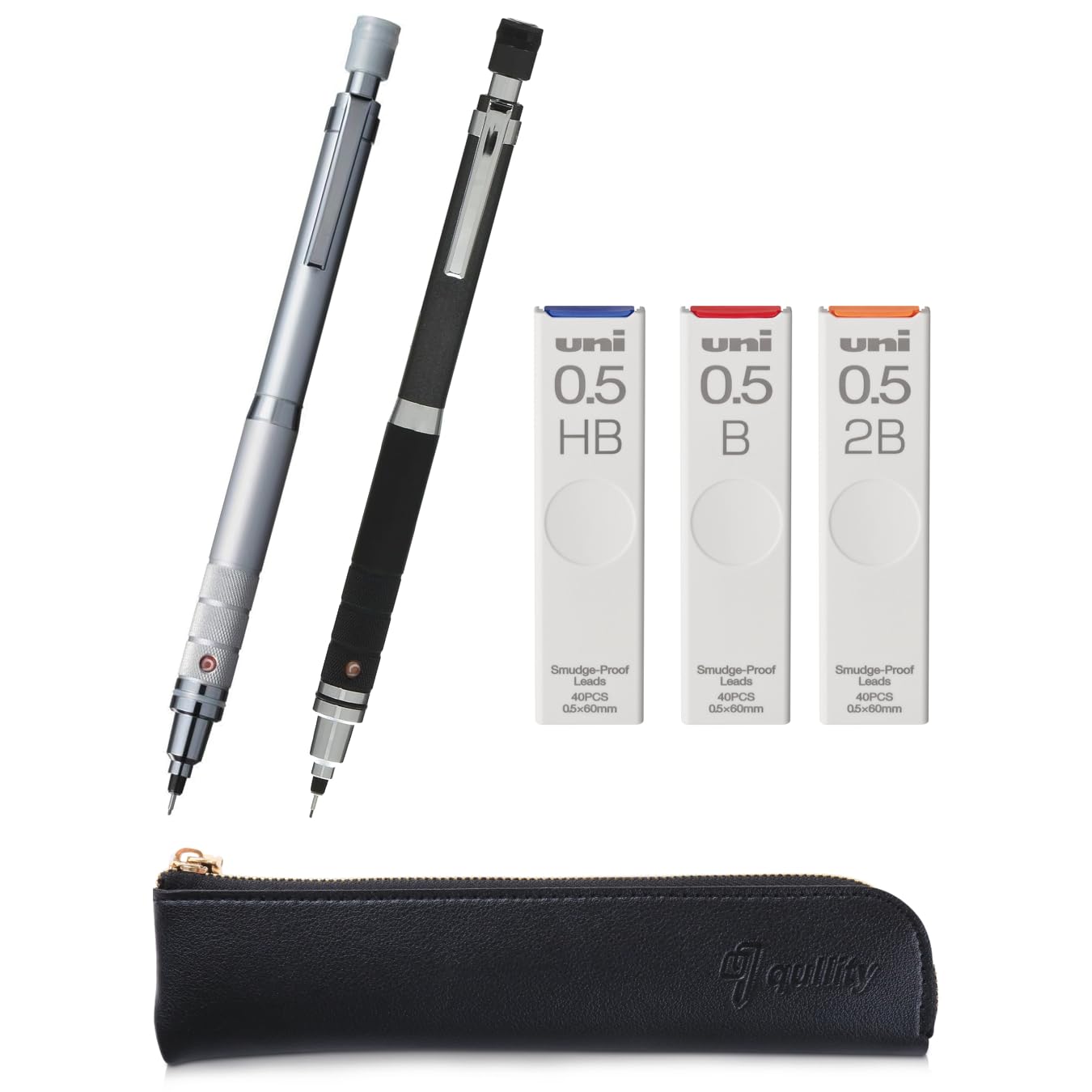 QULLITY KURU TOGA Roulette Model 0.5mm Silver & Gun-metallic body + HB/B/2B Refills, original Black slim pen case