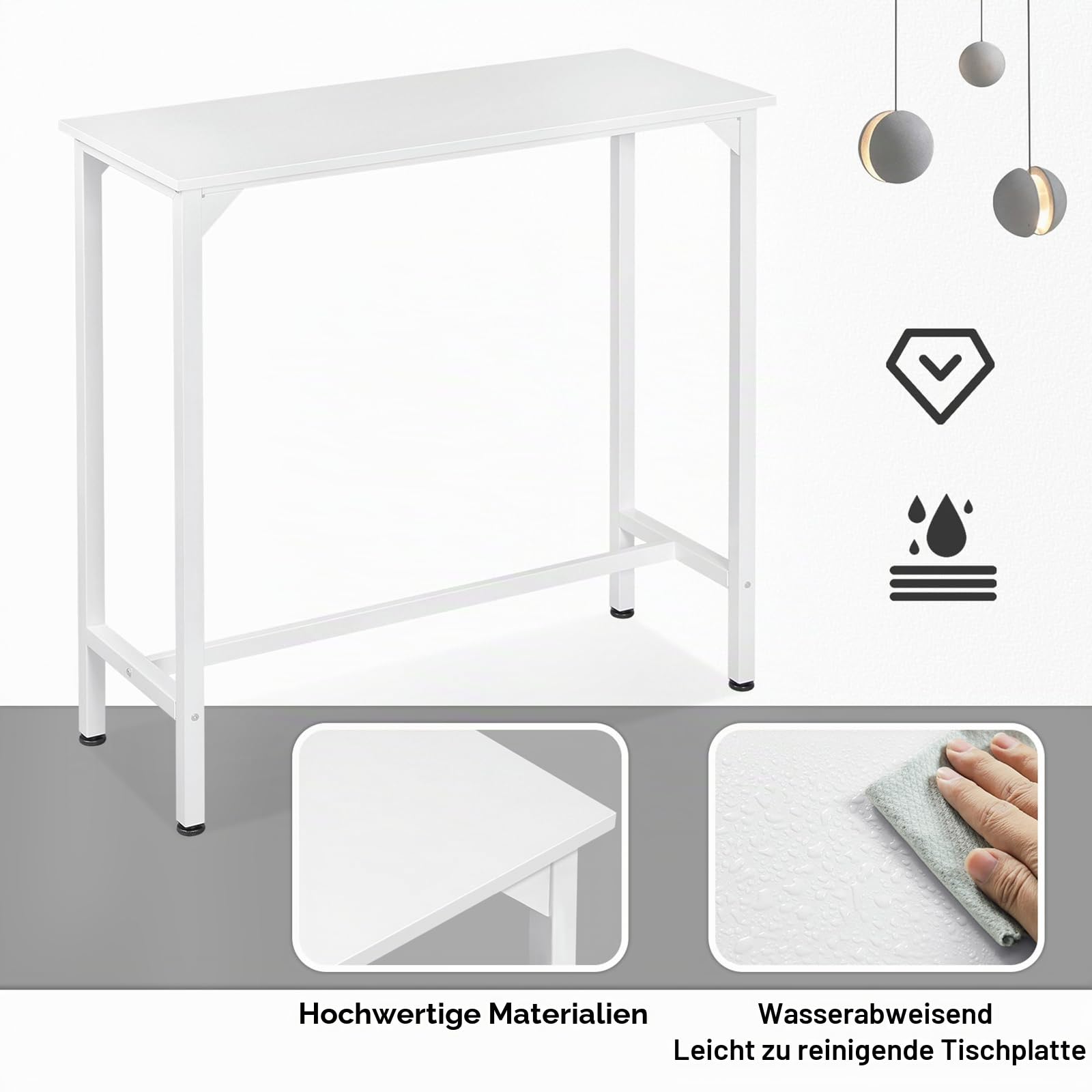 EUGAD Bartisch weiß, Stehtisch, Küchentisch, Hochtisch schmal | Konsolentisch, Flurtisch, Beistelltisch hoch, für Bar Bistro Kücheninsel, aus Holzwerkstoff Metall, 100x100x40cm