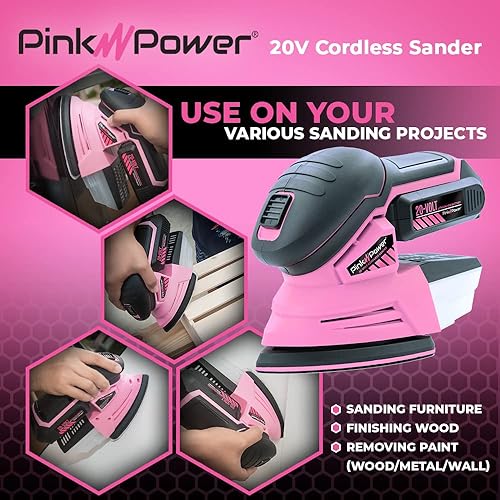 Miniatura 6 de Pink Power Lijadora de detalles para carpintería eléctrica inalámbrica de 20 V para muebles de madera, mini herramienta lijadora de palma con papel