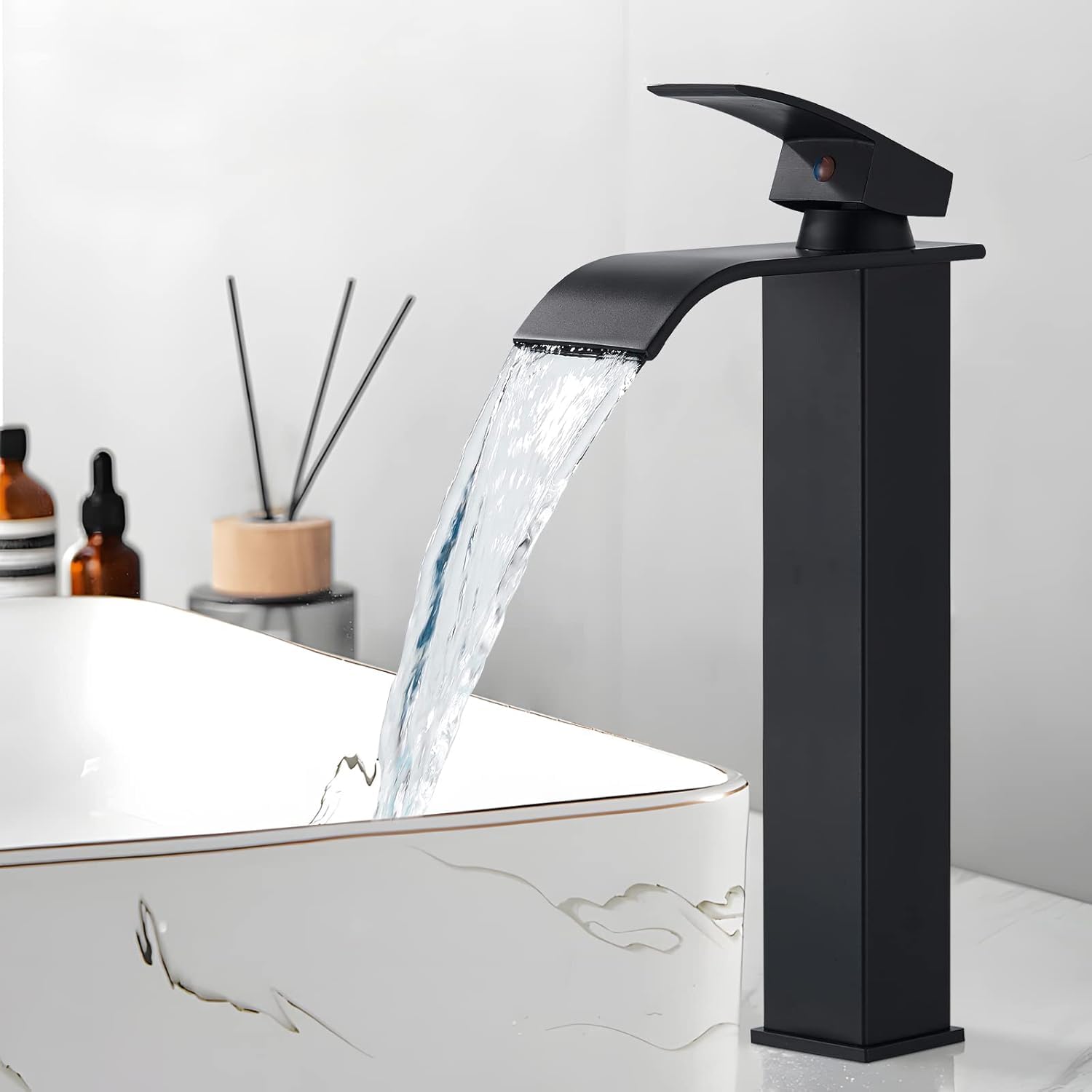 Robinet de lavabo cascade, noir, cascade, haut, moderne, mitigeur monocommande en laiton, économie d'énergie, économie d'eau