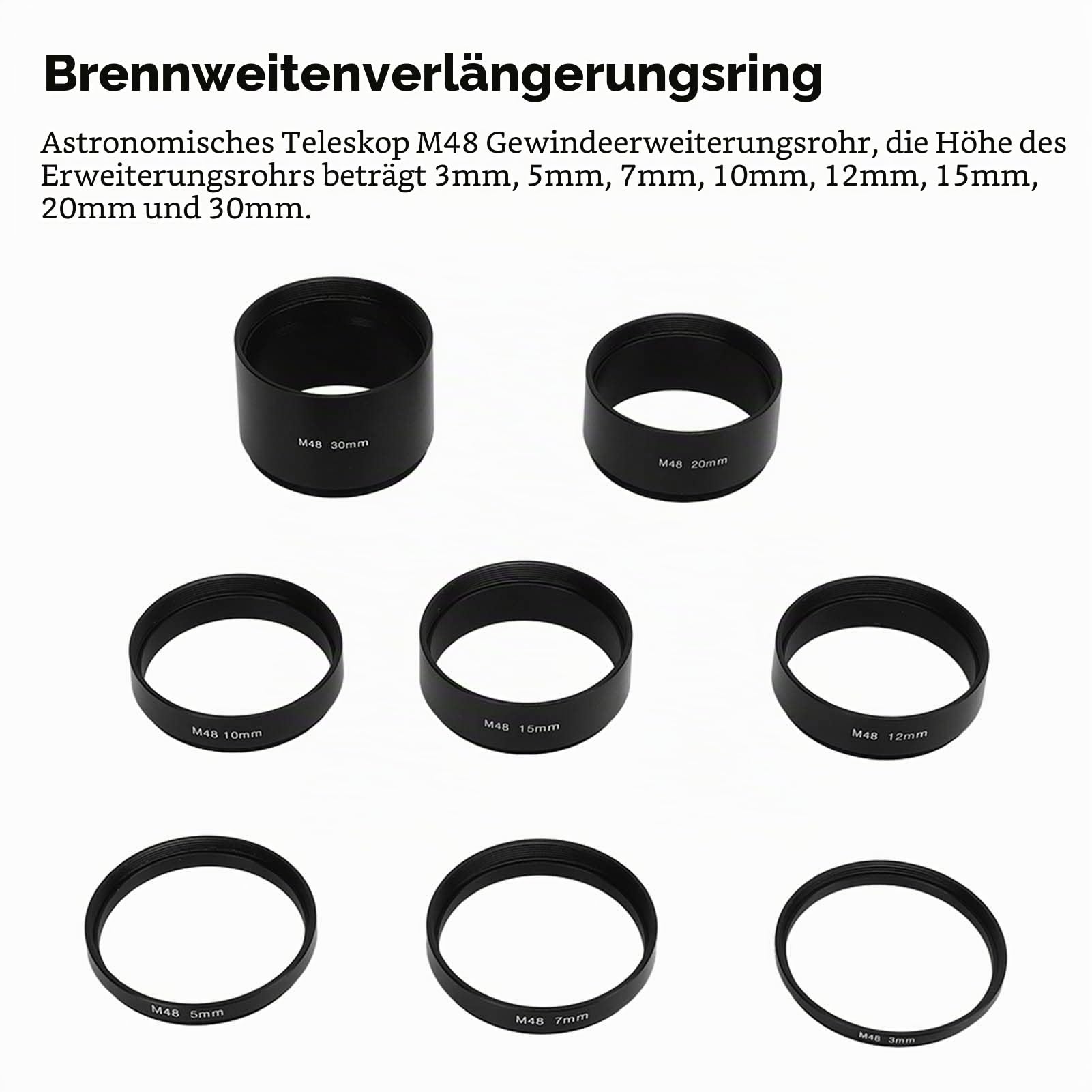 Teleskop-Verlängerungsrohr-Set,8 Stück M48 X 0,75 Brennweiten-Verlängerungsrohr-Set 3 5 7 10 12 15 20 30 Mm Verlängerungsring Erweiterungsring für die astronomische Teleskopfotografie