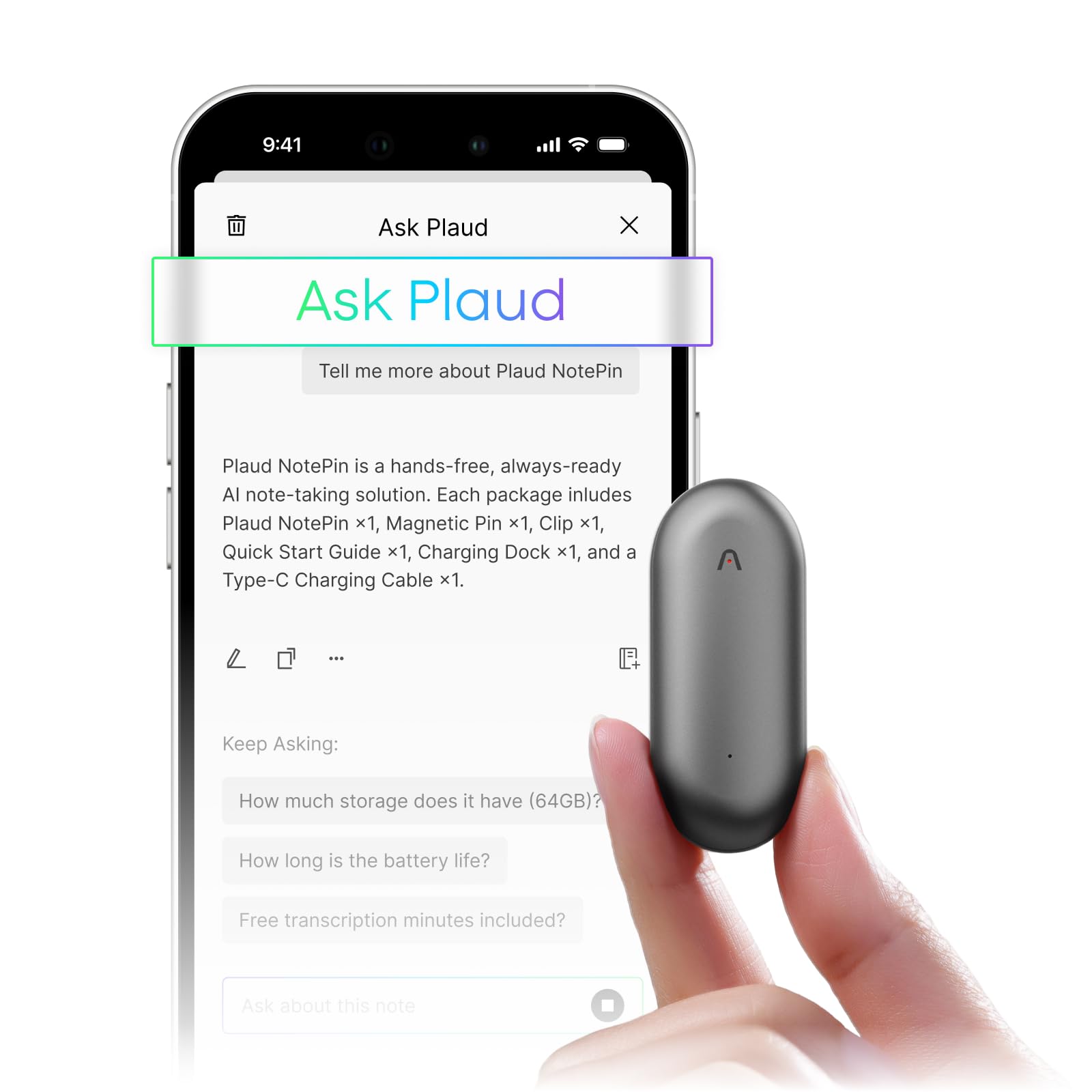 Plaud NotePin Voice Recorder, AI Voice Recorder, App Control, AI Notetaker, AI Transcribe & Summarize, Support 112 Languages, 64GB Memory, Audio Recorder for Lectures, Meetings, Cosmic Gray