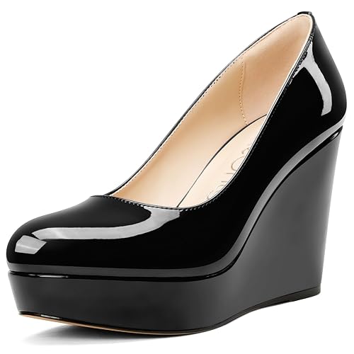 NobleOnly Womens Platform Wedge Pumps Slip-on Close Round Toe Dress Casual Party Shoes 3.9 Inches Heels