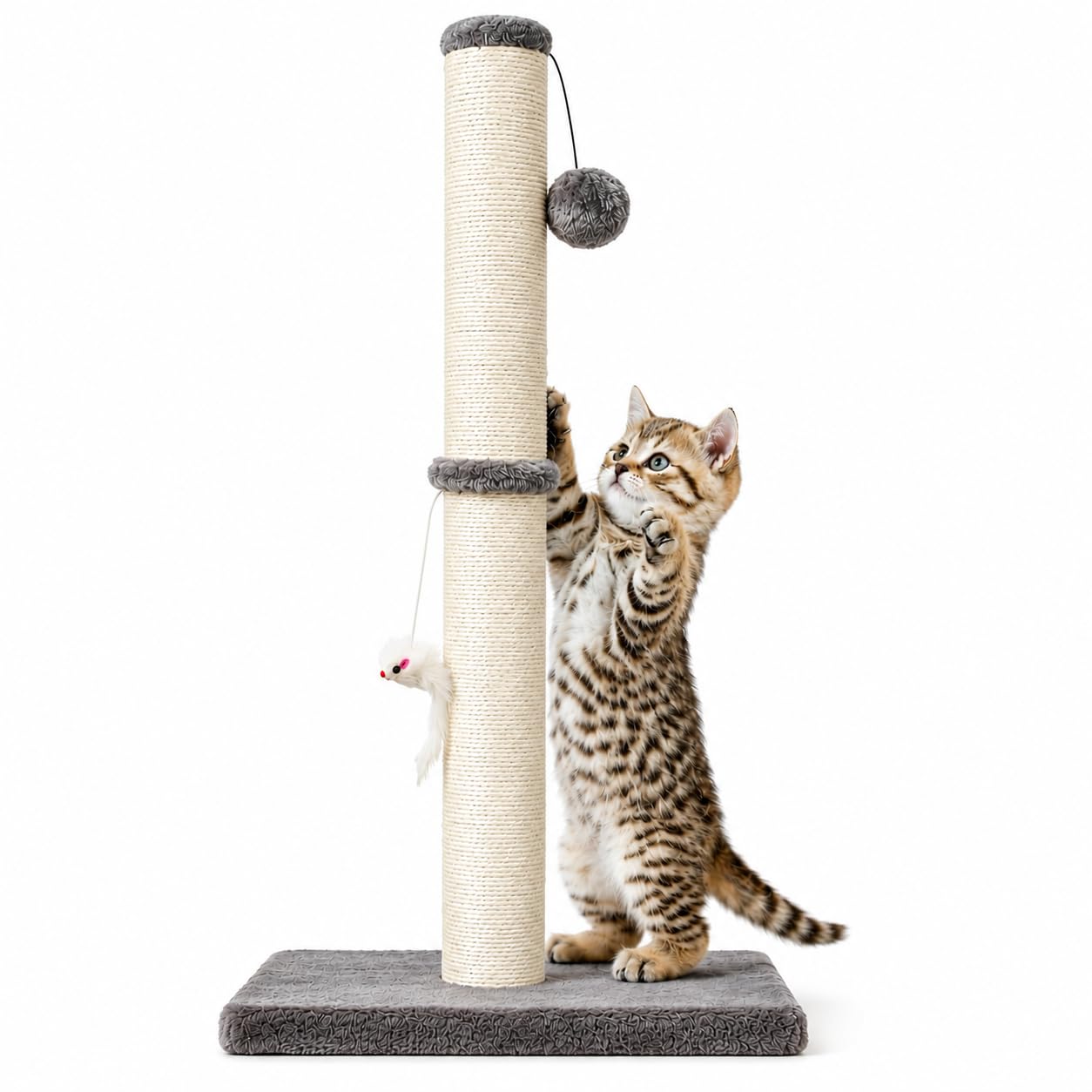 MeowHomm 32'' Tall Cat Scratching Post Cat Scratcher with Hanging Ball, Durable Cat Scratching Post for Indoor with Sisal Rope (Gray)