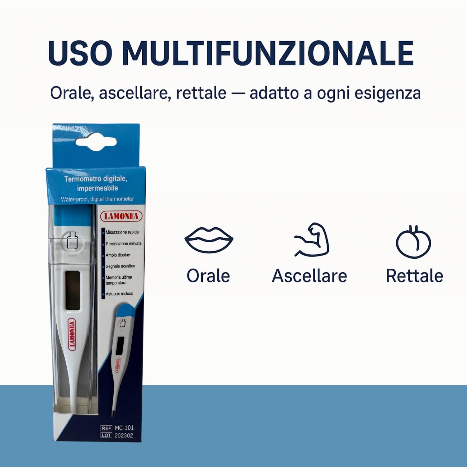 Termometro Digitale, Certificato CE - Impermeabile e Preciso, Misura la Febbre in 60 Secondi, Display LCS e tasto On/Off - Segnale Acustico, Ideale per Adulti e Bambini - MC-101